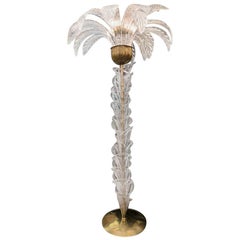 Murano Glass Palm Tree Floor Lamp, Clear Glass Leaves Brass Fittings, 1970s