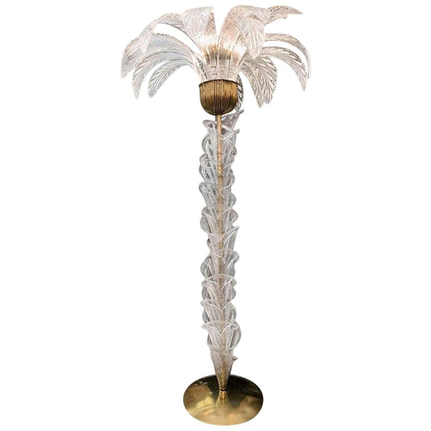 Murano Glass Palm Tree Floor Lamp, Clear Glass Leaves Brass Fittings, 1970s