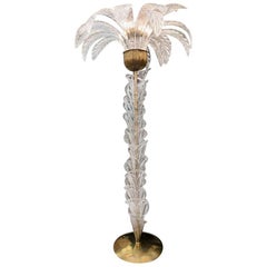 Murano Glass Palm Tree Floor Lamp, Clear Glass Leaves Brass Fittings, 1970s