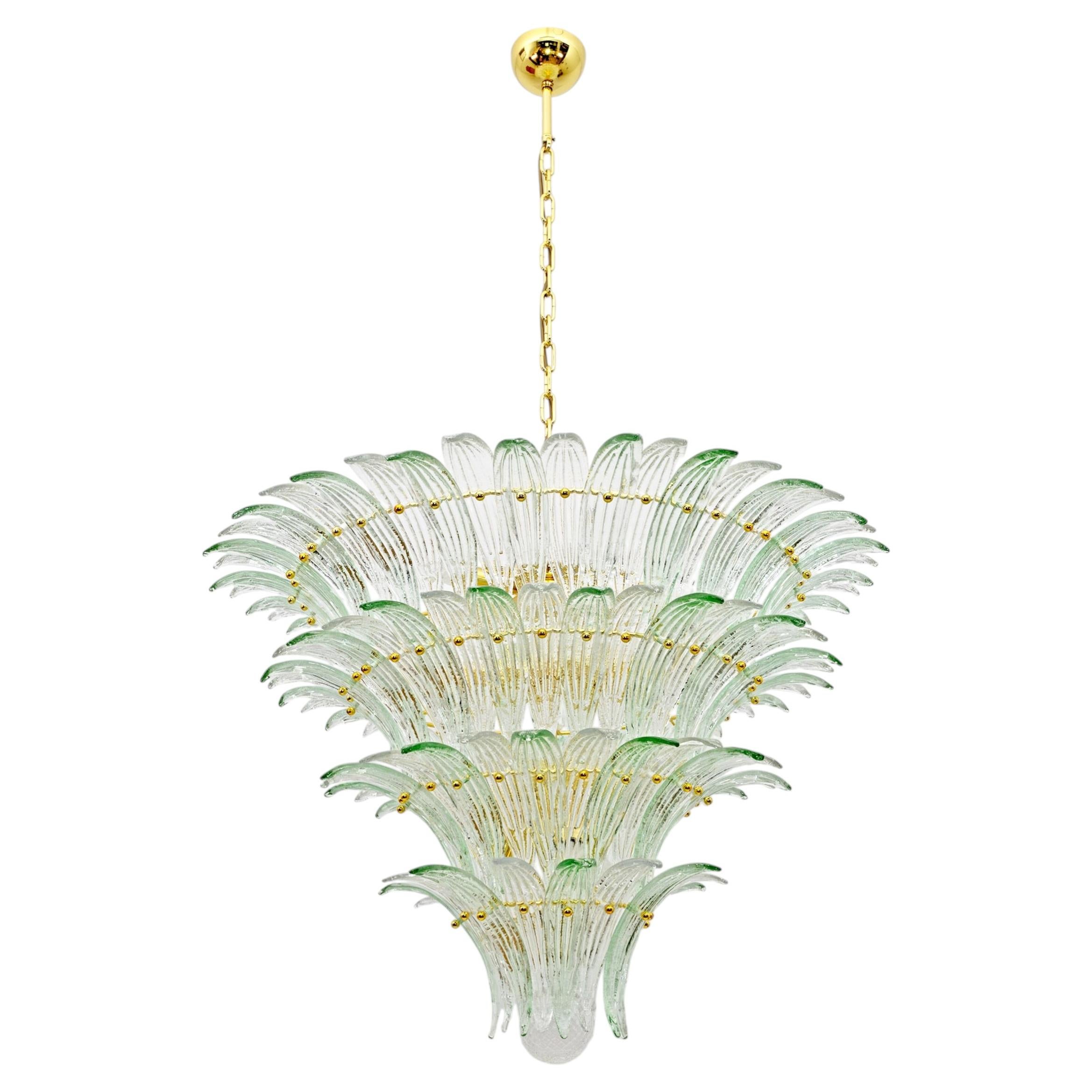 Murano Glass Palmette Chandelier with Green Accents and Brass.