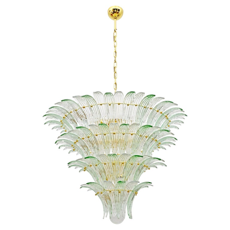 Murano Glass Palmette Chandelier with Green Accents and Brass.
