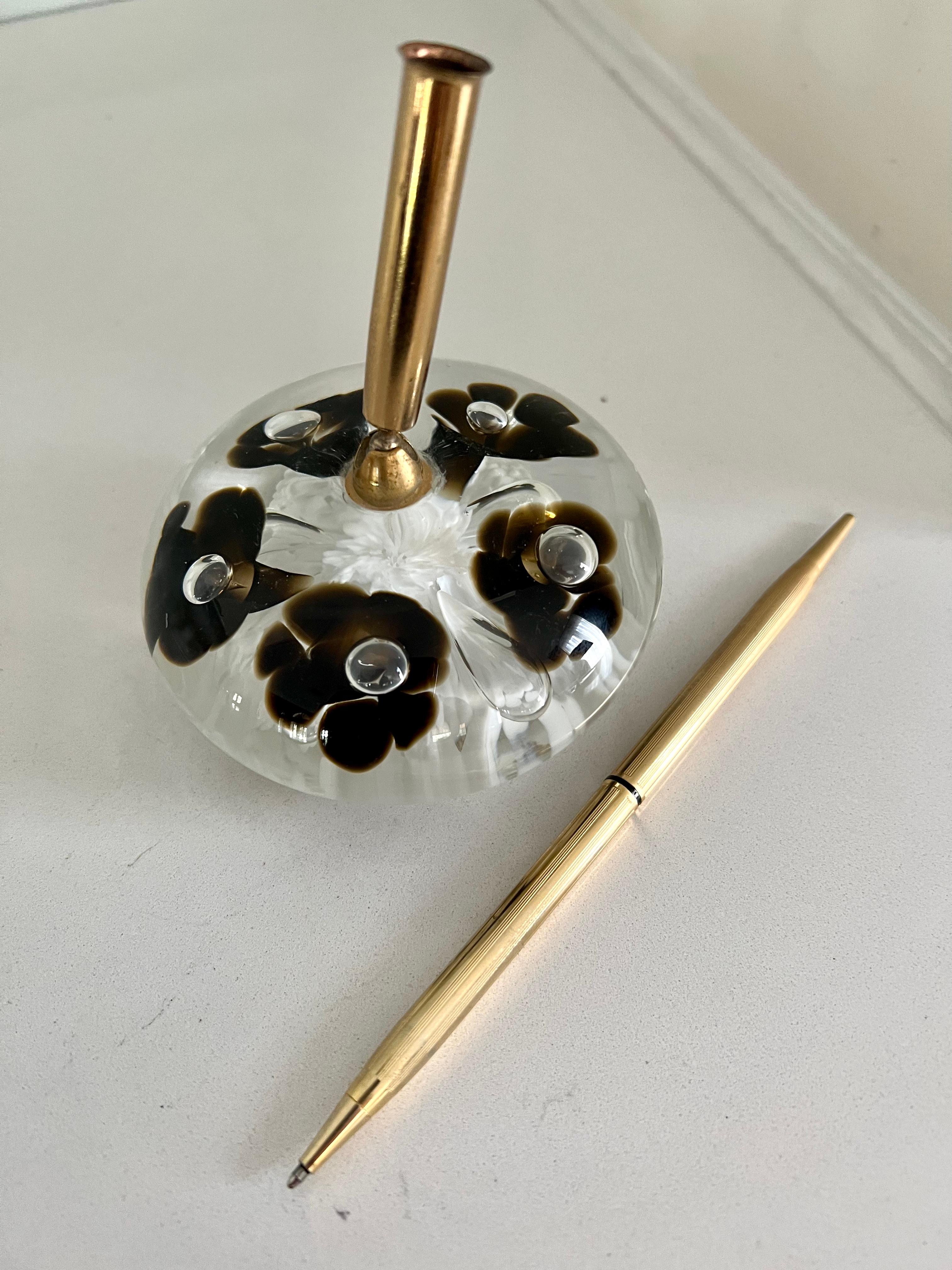 Hand-Crafted Murano Glass Paper Weight with Gold Desk Pen For Sale