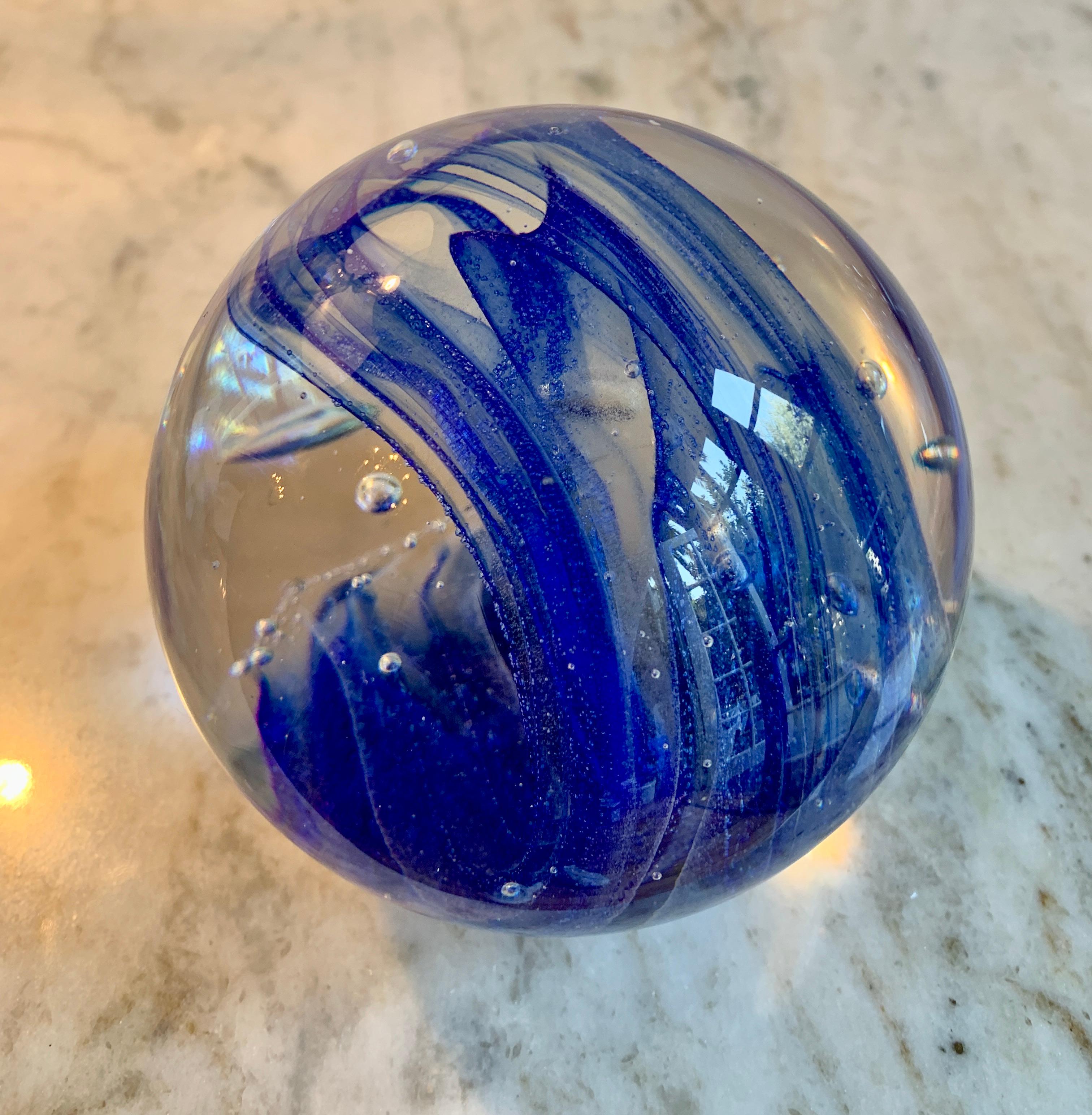 Paper weight for the sophisticated desk - Italian blue wave inside Murano art glass sphere. A compliment to any desk.