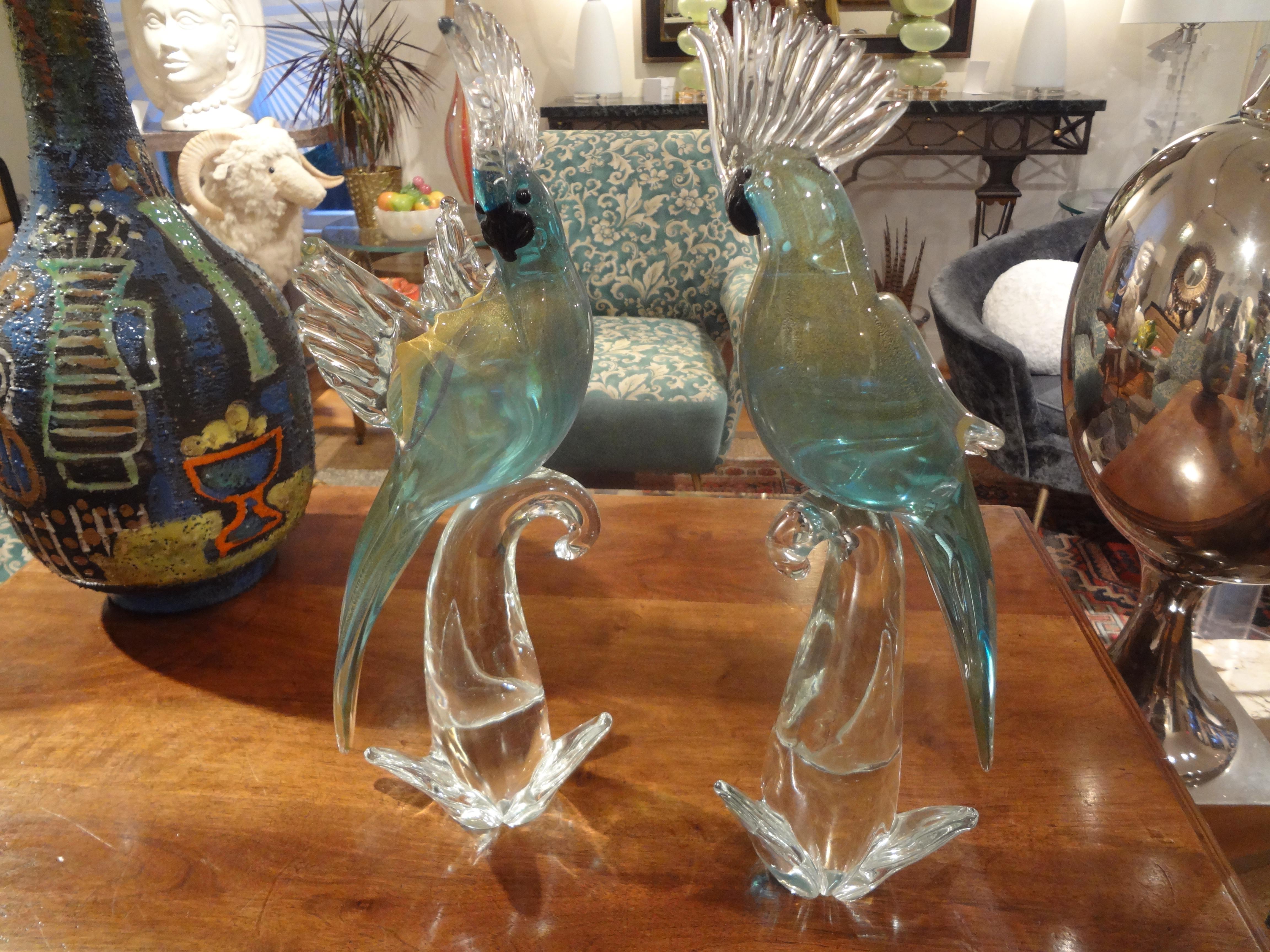 Hollywood Regency Murano Glass Parrot Sculptures
