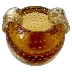 Murano Glass Peach Vase with Air Bubbles and Gold Foliage