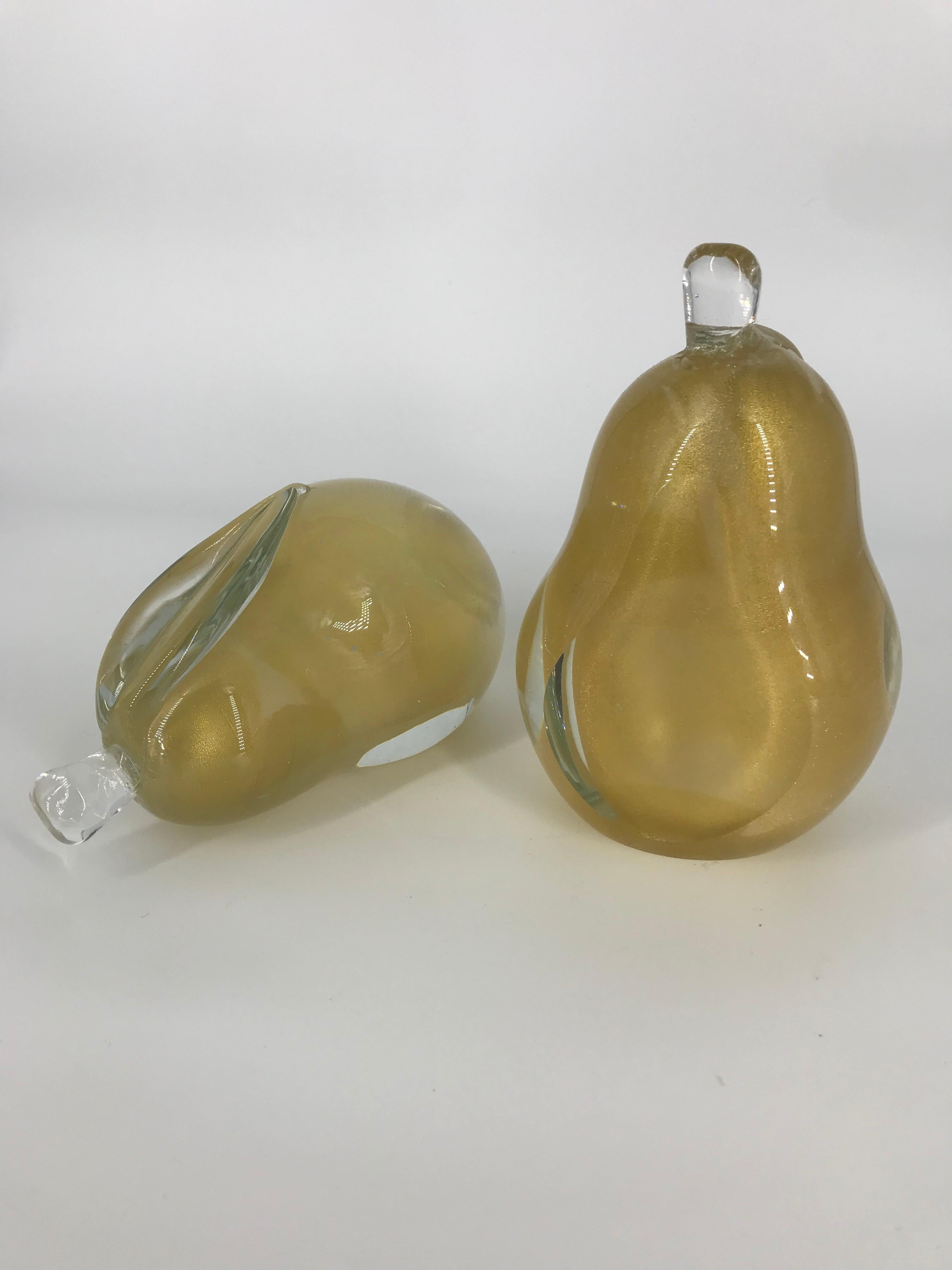 Italian Oranment Murano Glass Pears, Made in Italy, 2000's gold, set of 2