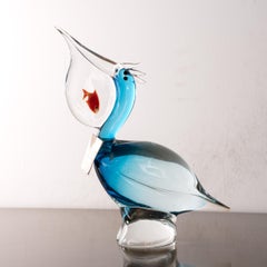 Escultura de cristal de Murano Pelícano con Pez Dorado - Hecho a mano en Italia, años 80