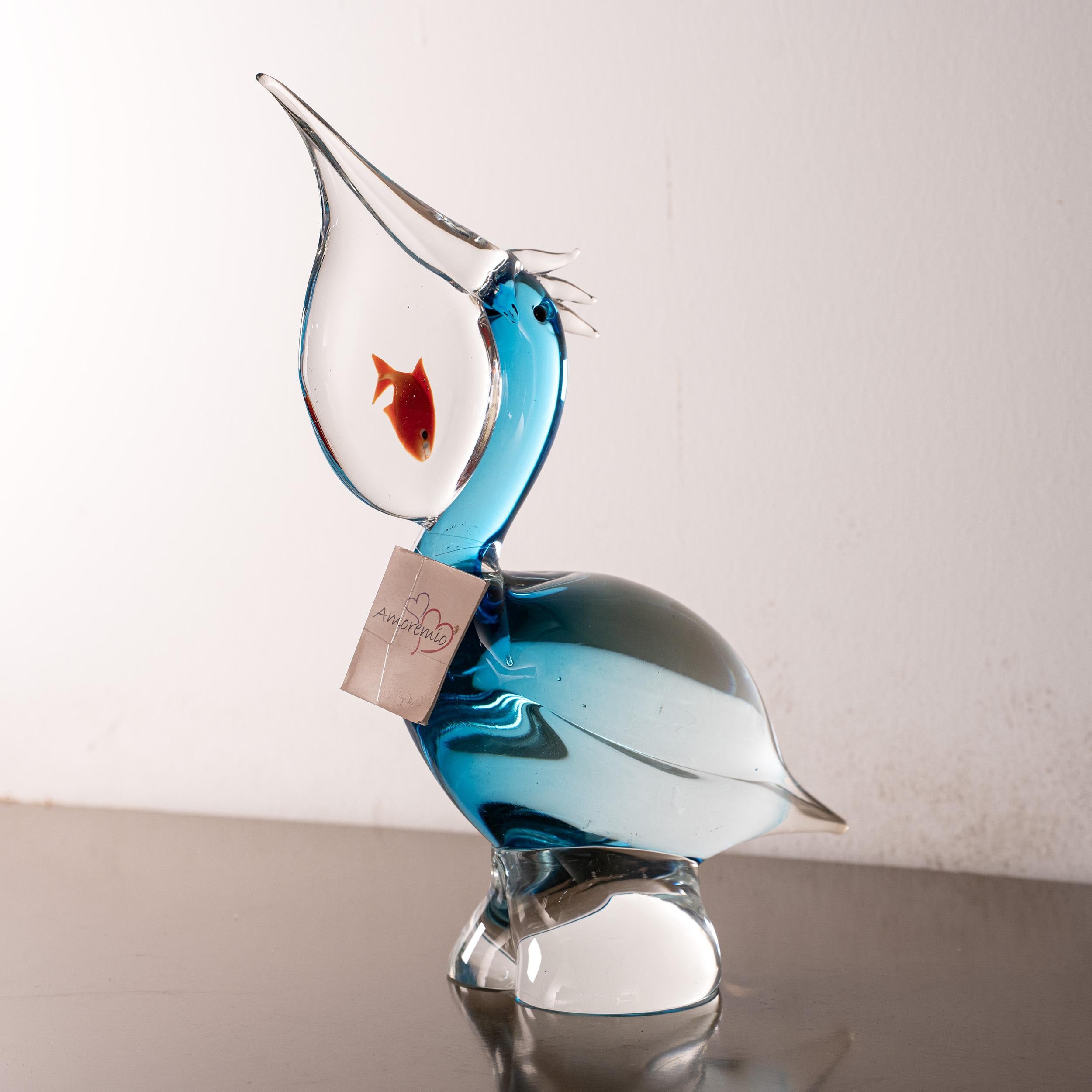 Italian Murano Glass Pelican Sculpture with Goldfish – Handcrafted in Italy, 1980s For Sale