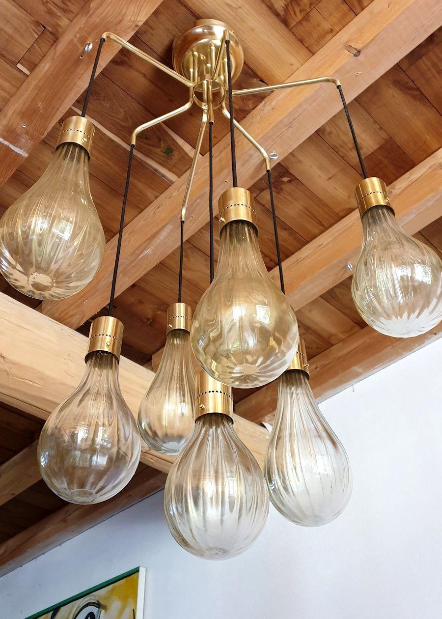 Brass Murano Glass Pendant Chandelier For Sale