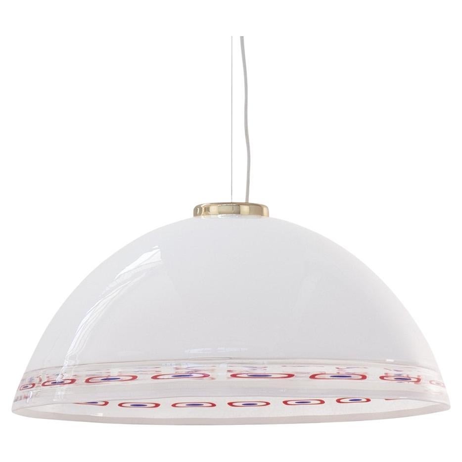 Pendant Lamp White Murano Glass Red Murrine by Effetre International Italy 1980s