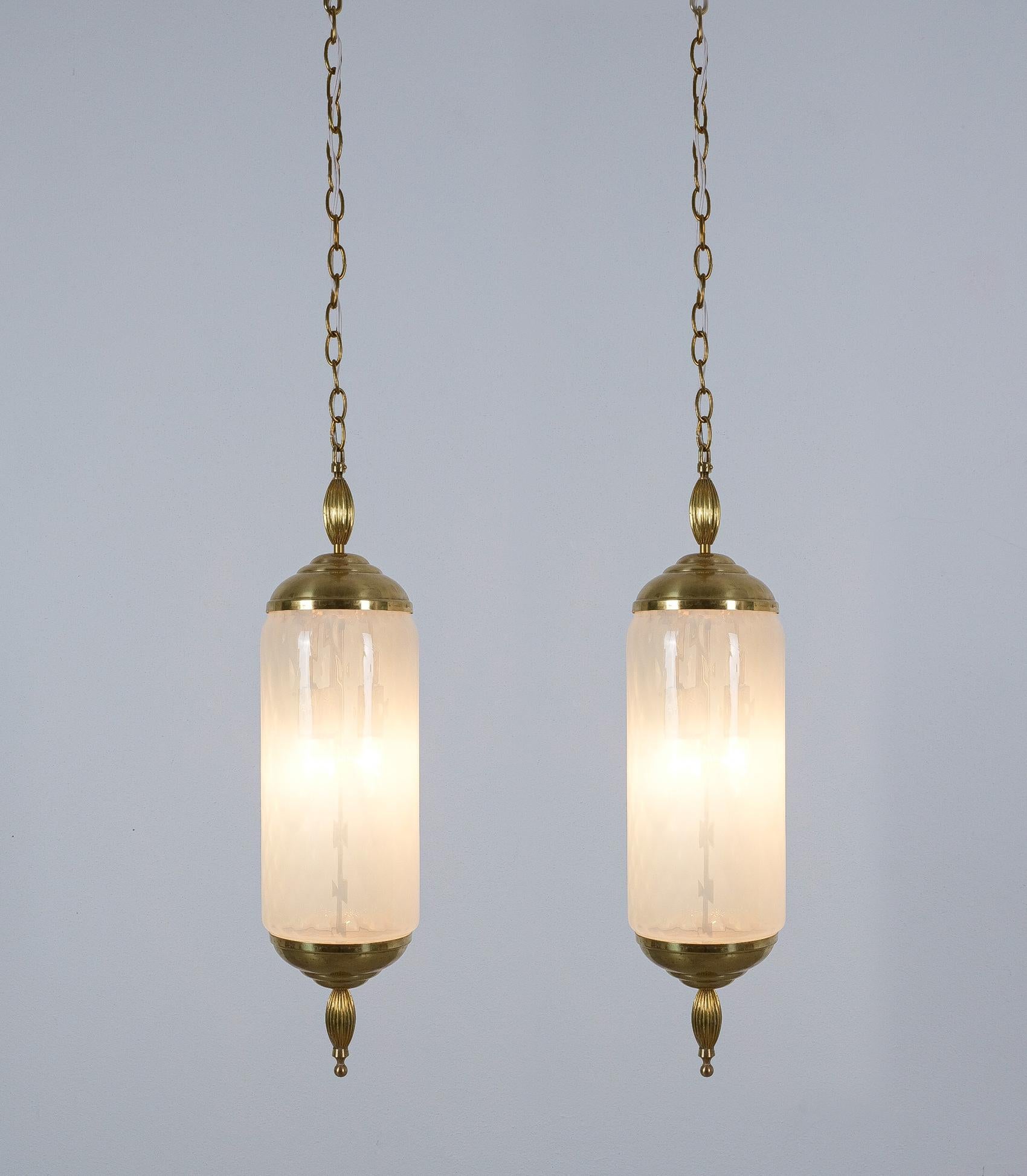 Murano Glass Pendant Lamps Pair Lantern Iridescent Blue Glass Lights, circa 1960, Italy- priced as a pair- 6.7