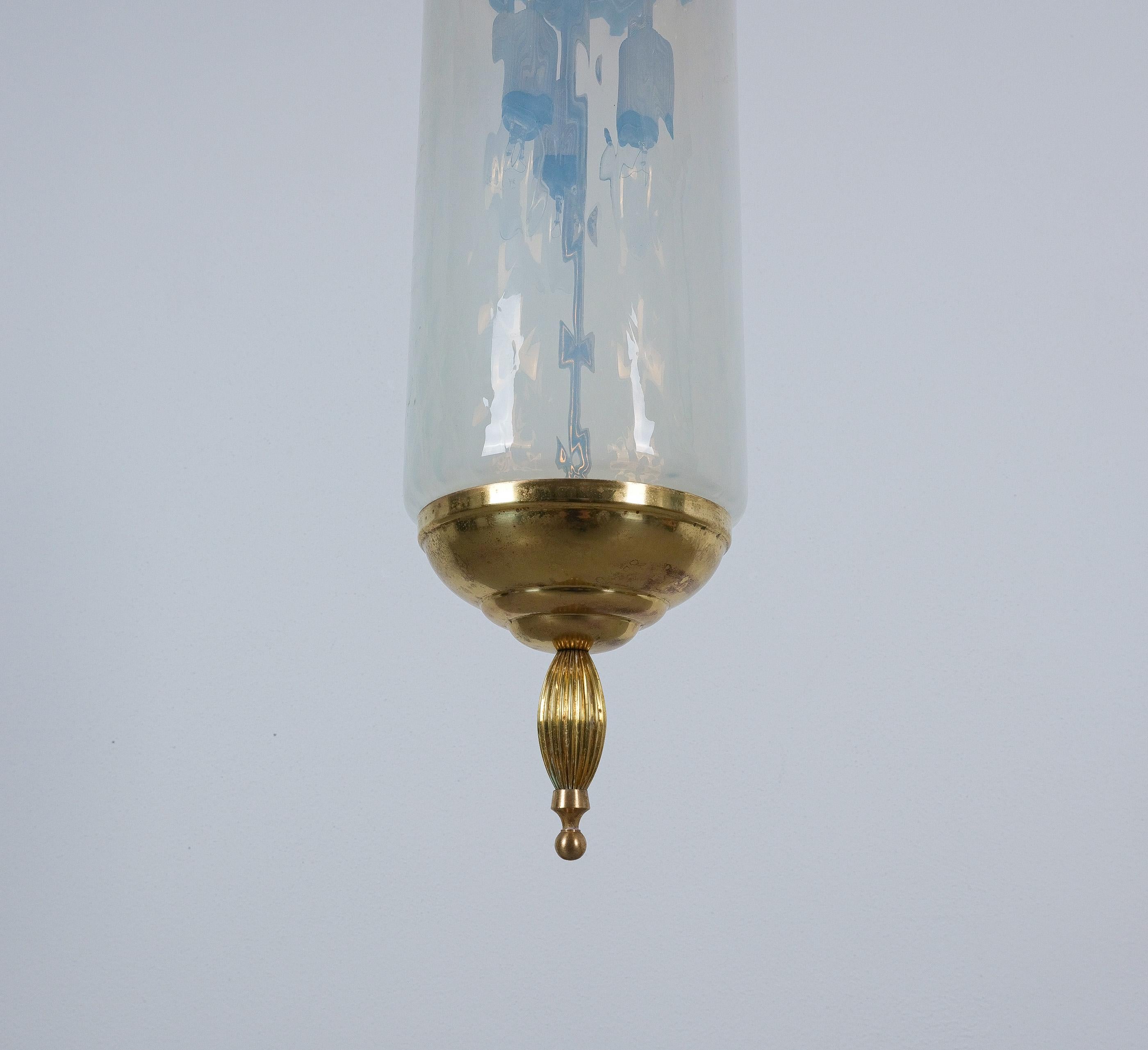 Italian Murano Glass Pendant Lamps Pair Lantern Iridescent Blue Glass Lights, circa 1960 For Sale