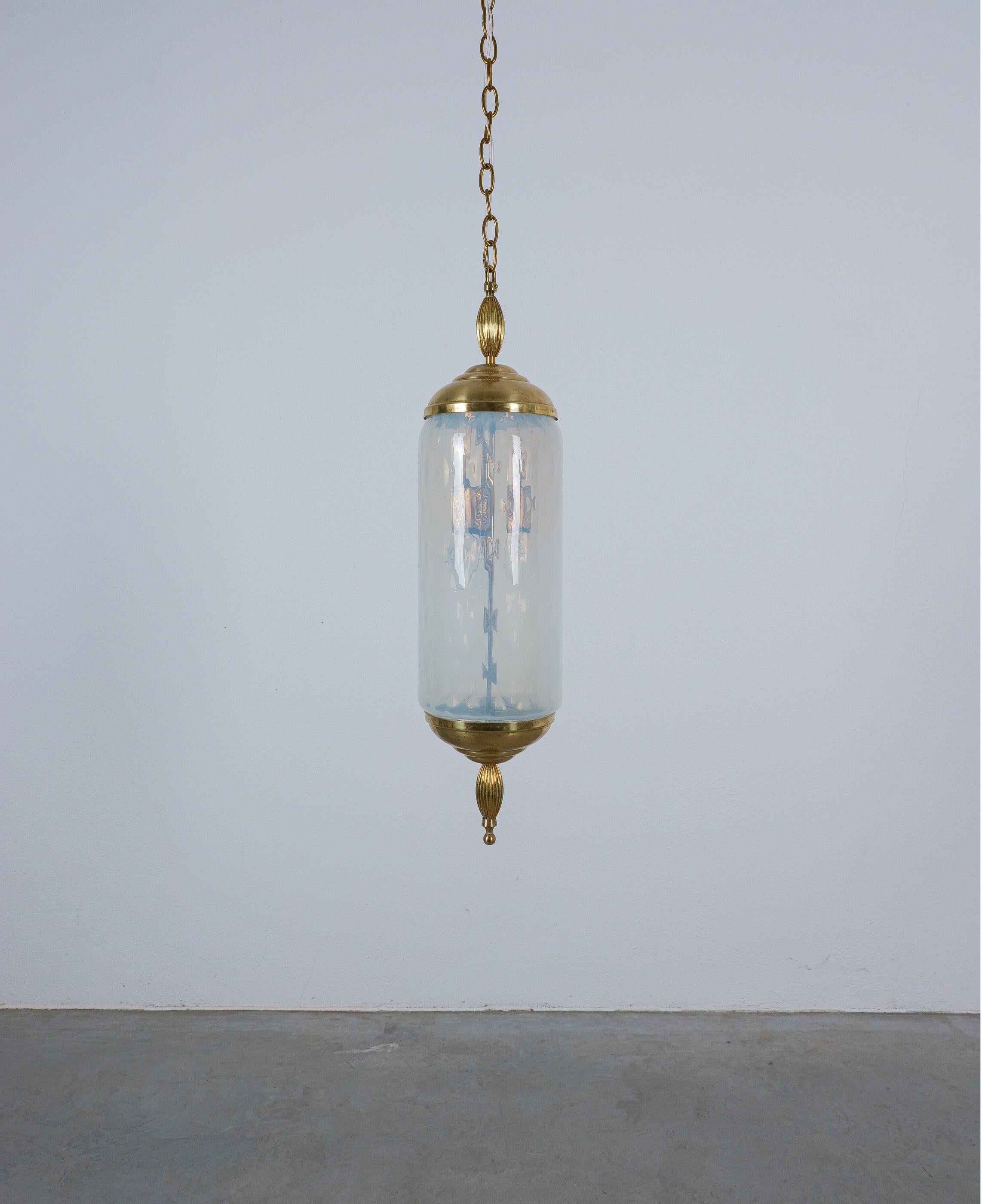 Mid-20th Century Murano Glass Pendant Lamps Pair Lantern Iridescent Blue Glass Lights, circa 1960 For Sale