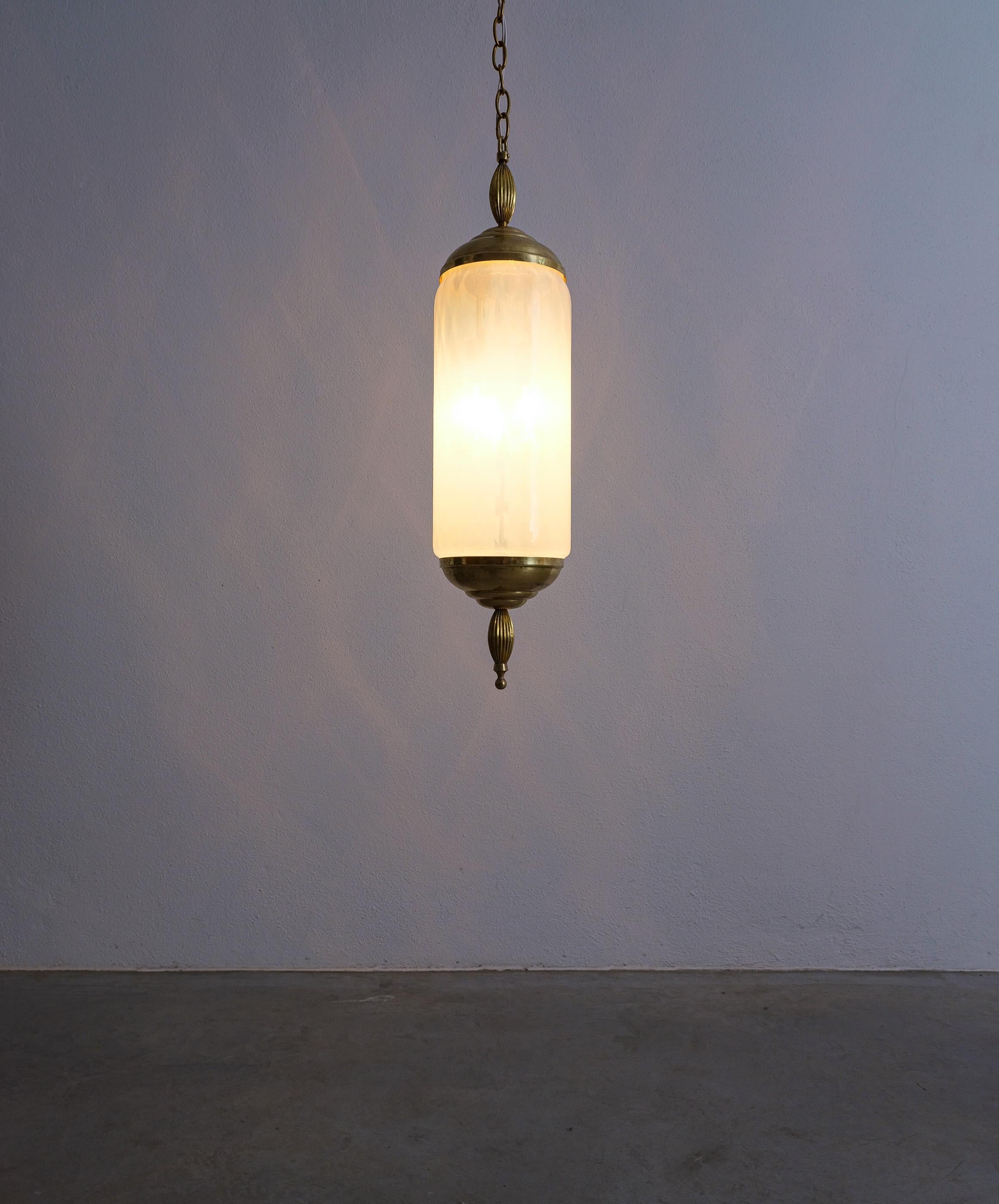 Brass Murano Glass Pendant Lamps Pair Lantern Iridescent Blue Glass Lights, circa 1960 For Sale