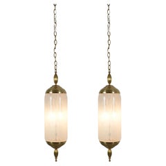 Vintage Murano Glass Pendant Lamps Pair Lantern Iridescent Blue Glass Lights, circa 1960