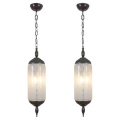 Murano Glass Pendant Lamps Pair Lantern Iridescent Blue Glass Lights, circa 1960