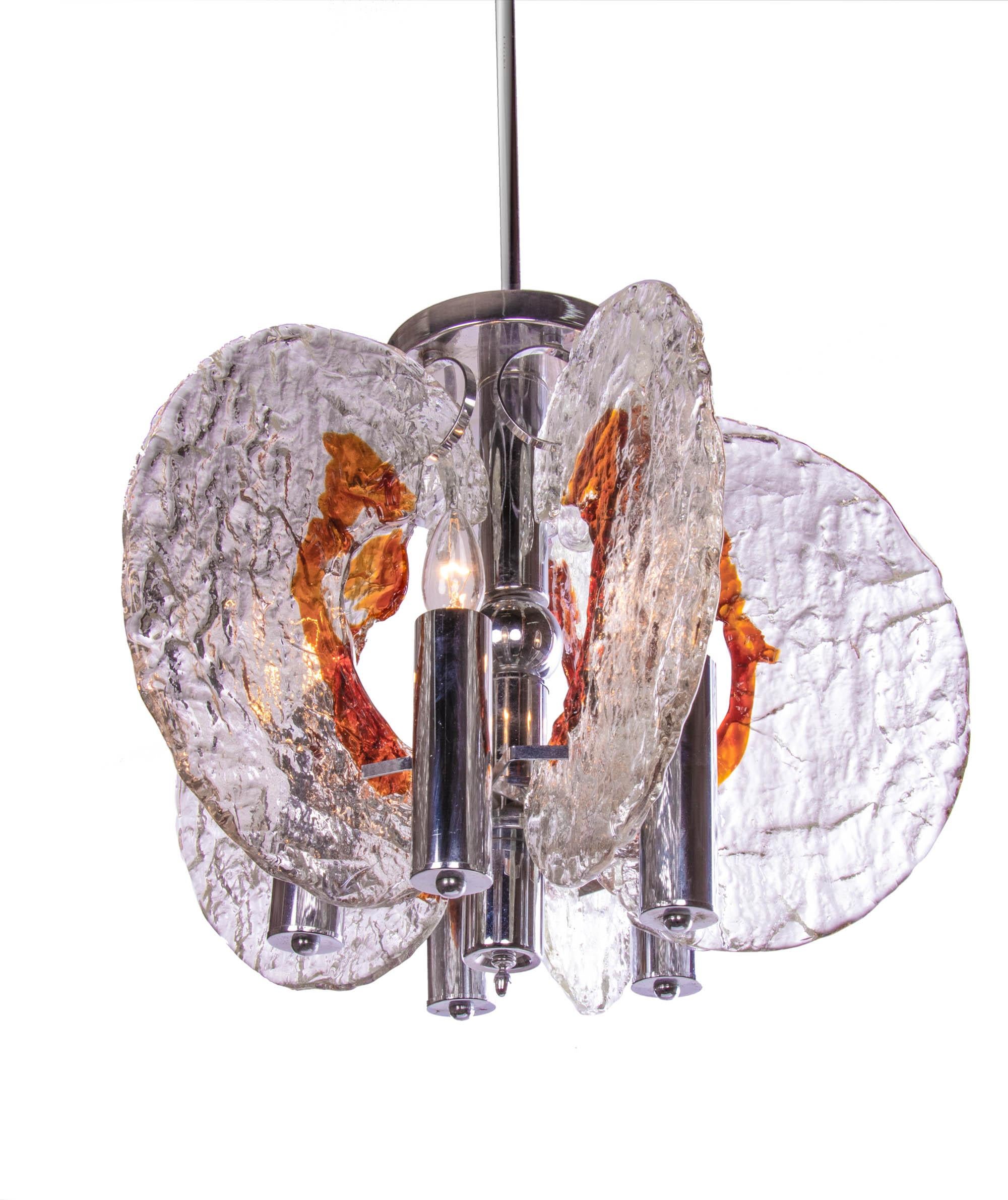 Elegant pendant light with smoked and clear Murano glass elements with amber details on a chromed brass frame. Designed by Carlo Nason for Mazzega, Italy in the 1960s. 

Design: Carlo Nason. 
Manufacturer: Mazzega. 
Measures: diameter 21.65