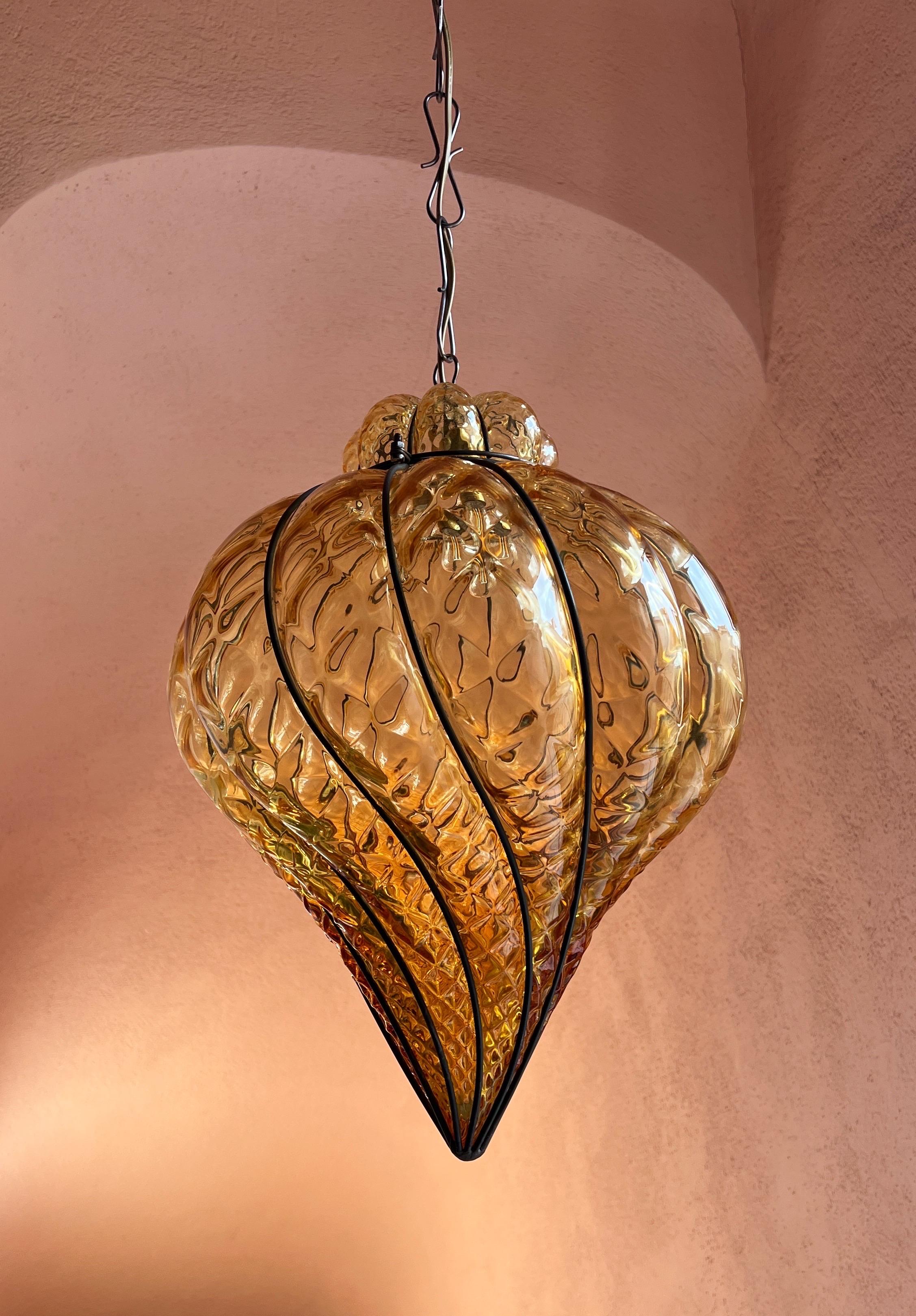 20th Century Murano glass pendant light in amber coloured glass, 1980s  For Sale