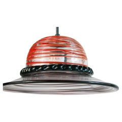 Murano Glass Pendant with Red and Black Ribbed Glass Details