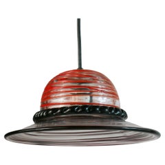 Murano Glass Pendant with Red and Black Ribbed Glass Details