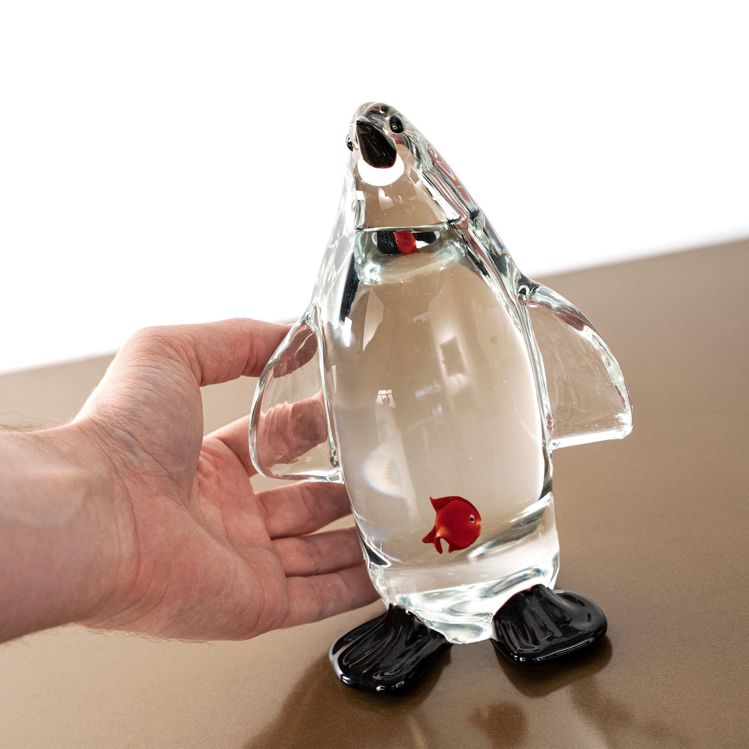 Murano Glass Penguin and goldfish Sculpture, Handmade in Italy