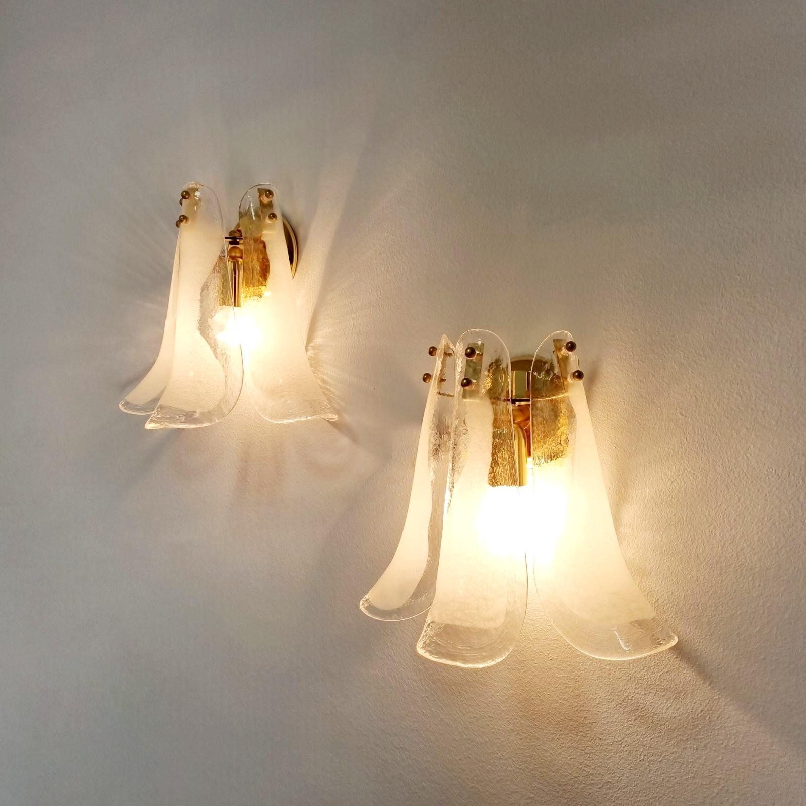 Brass Murano Glass Petal Wall Sconces, Carlo Nason, Italy 80s, Pair