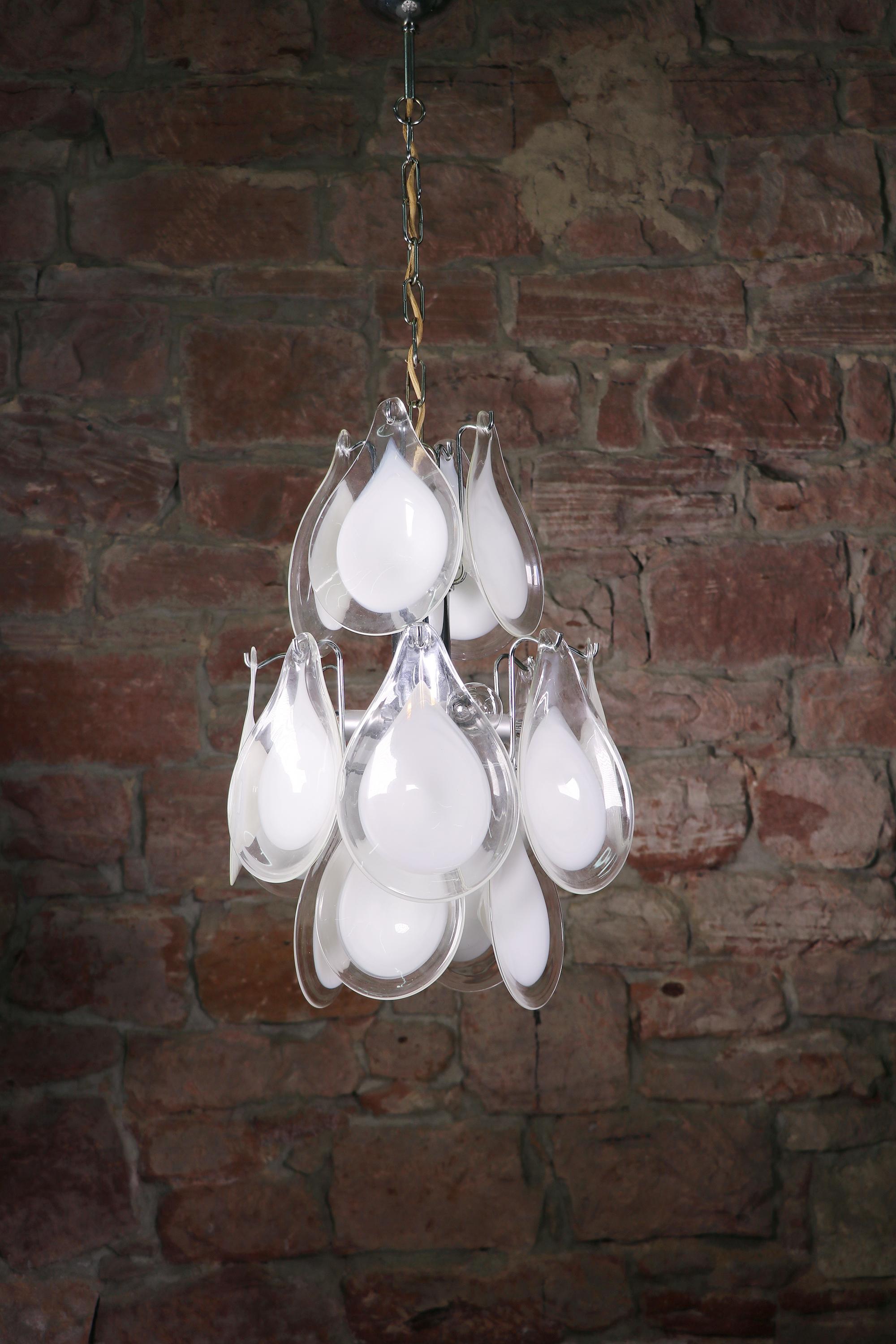 Mid-Century Modern 1960 Italy Vistosi Pendant Lamp Murano Glass Petals & Chrome by Gino Vistosi For Sale