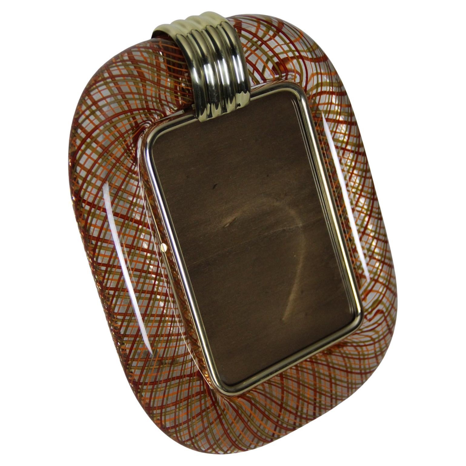 Murano Glass Photo Frame, Filigrana Technique, Red and Orange Design