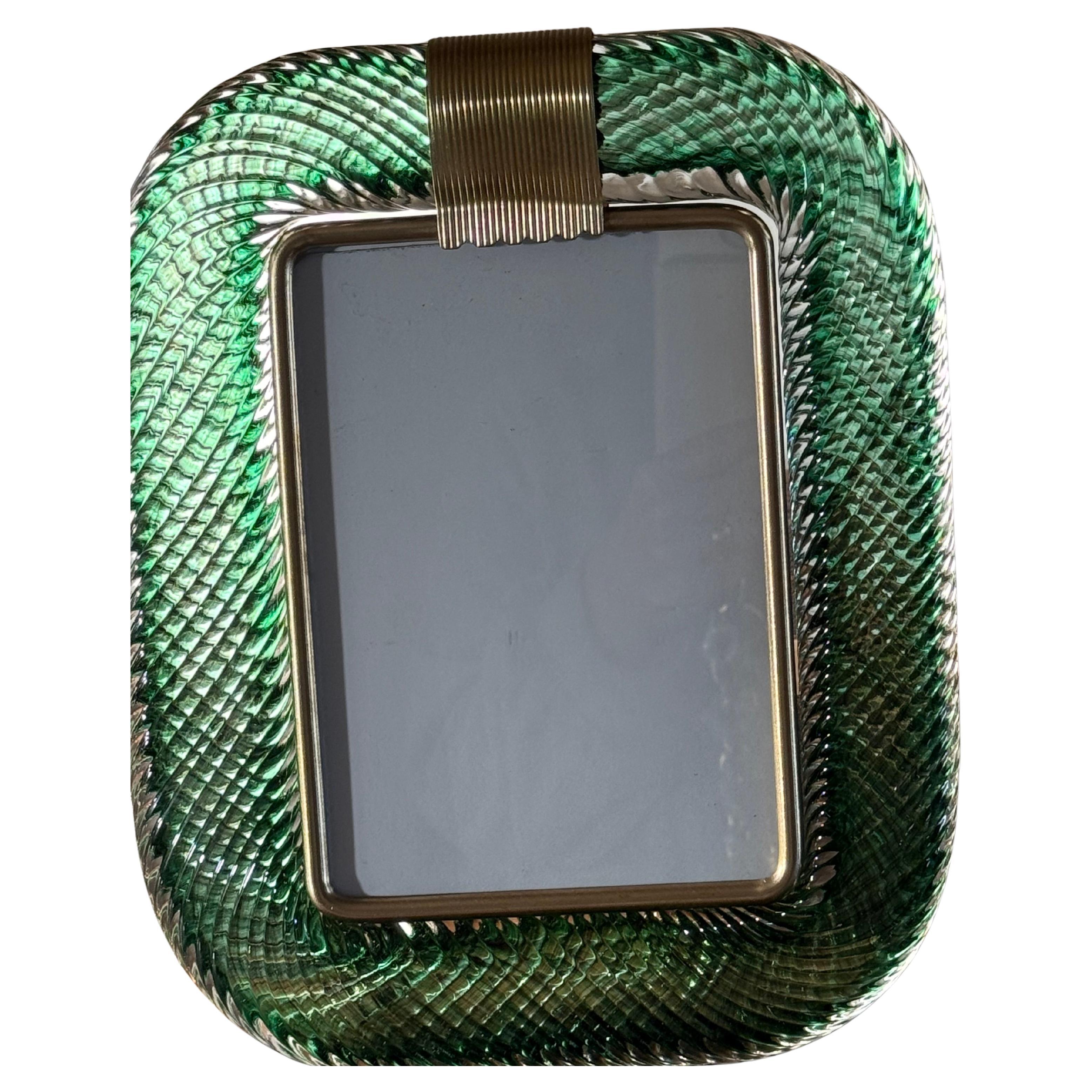Murano Glass Photo Frame, Olive Green, Torciglione Technique For Sale