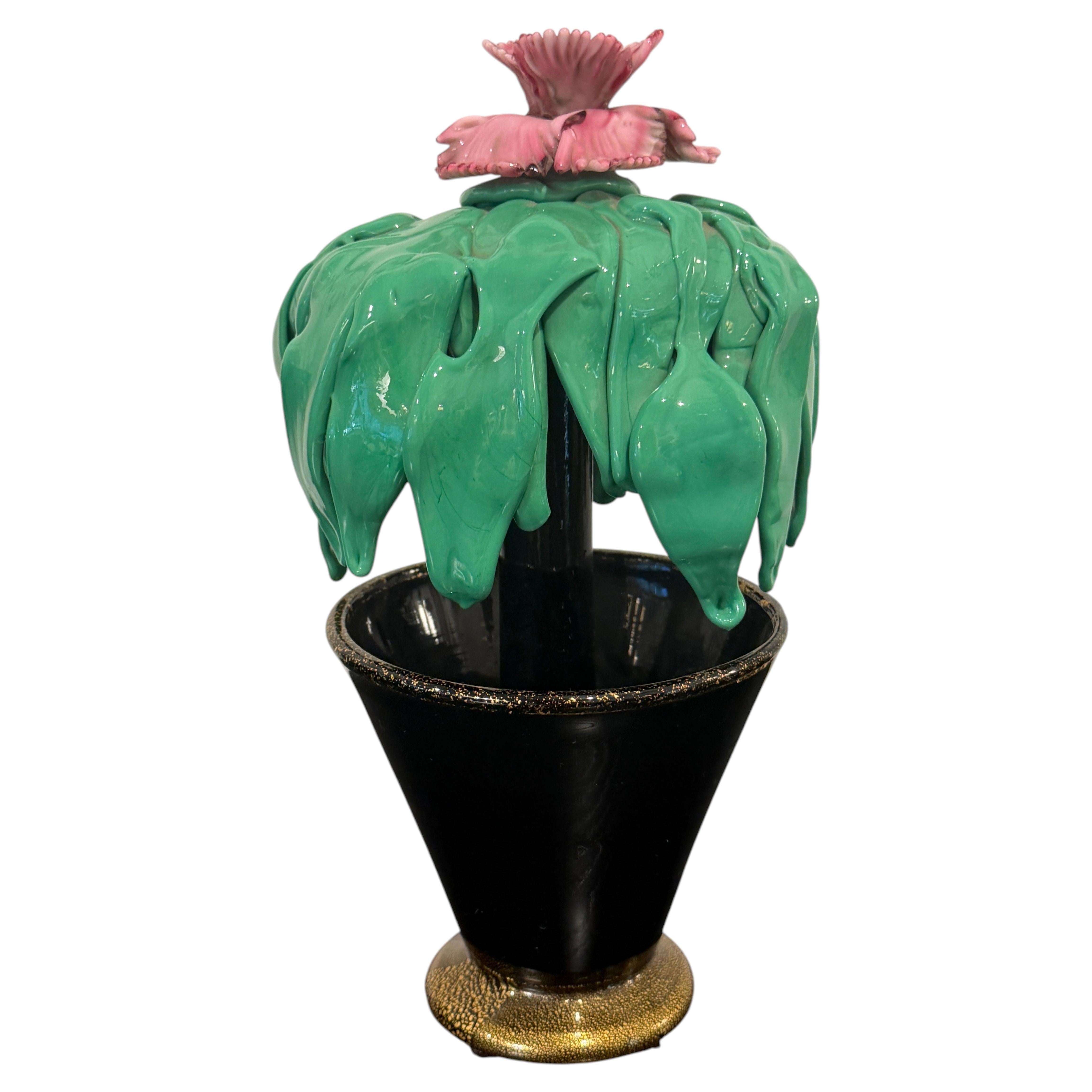 Murano Glass Pink Cactus Succulent Art Sculpture For Sale