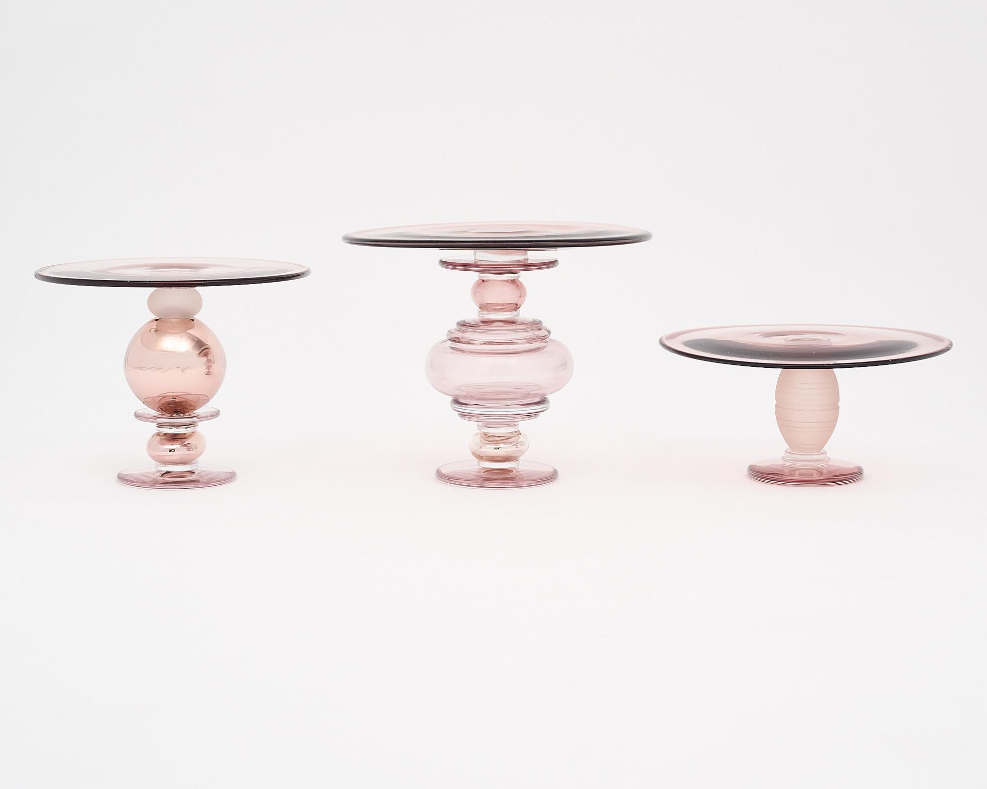 Murano Glass Pink Cake Stands and Candle Sticks In New Condition In Austin, TX