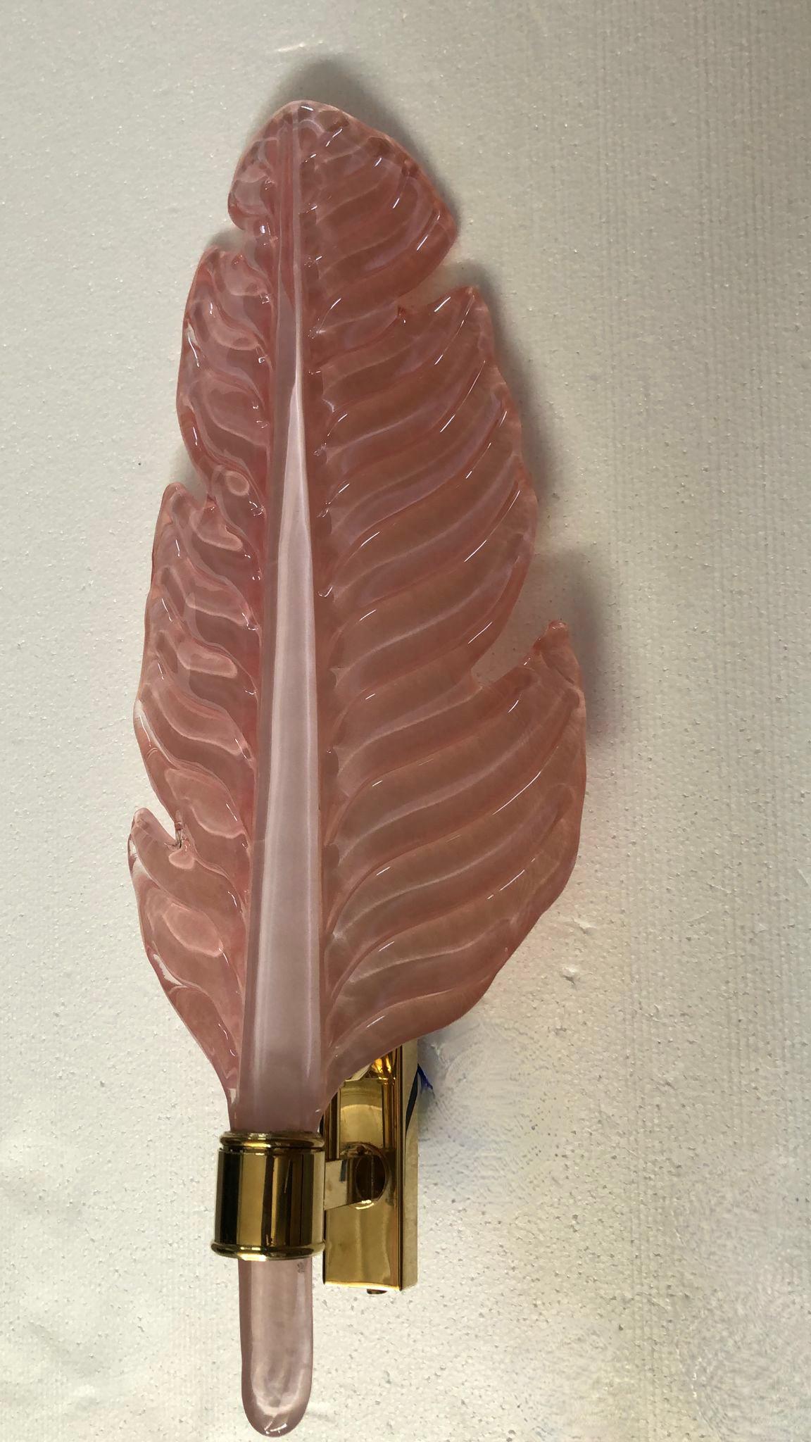 Brass Murano Glass Pink Color Wall Light and Sconces, 1980 For Sale