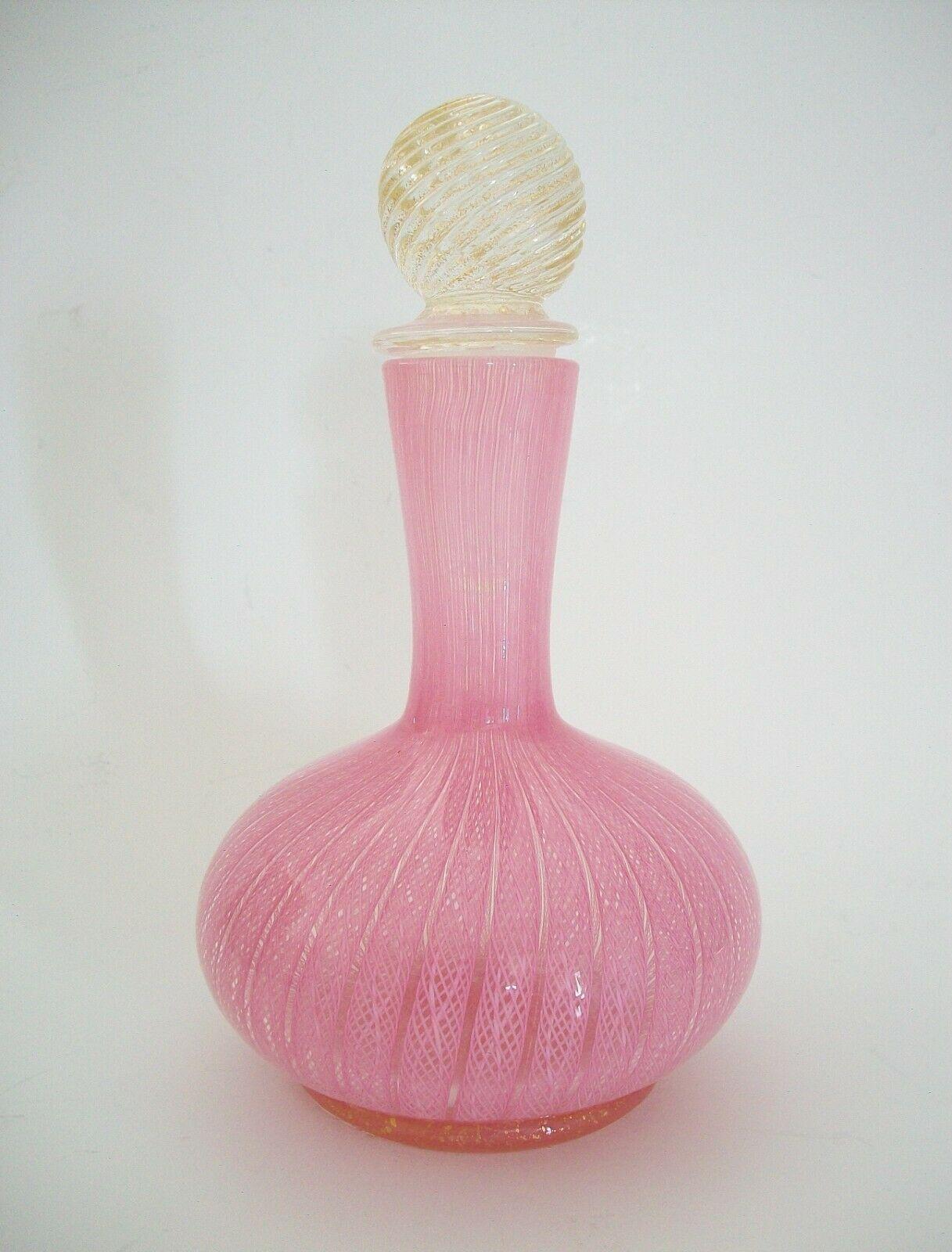 Vintage Murano art glass pink latticino perfume bottle with gold aventurine glass base and stopper - swirl pattern to the stopper - extremely fine 'thread like' vertical pattern to the neck - ground pontil mark - unsigned - Italy - circa