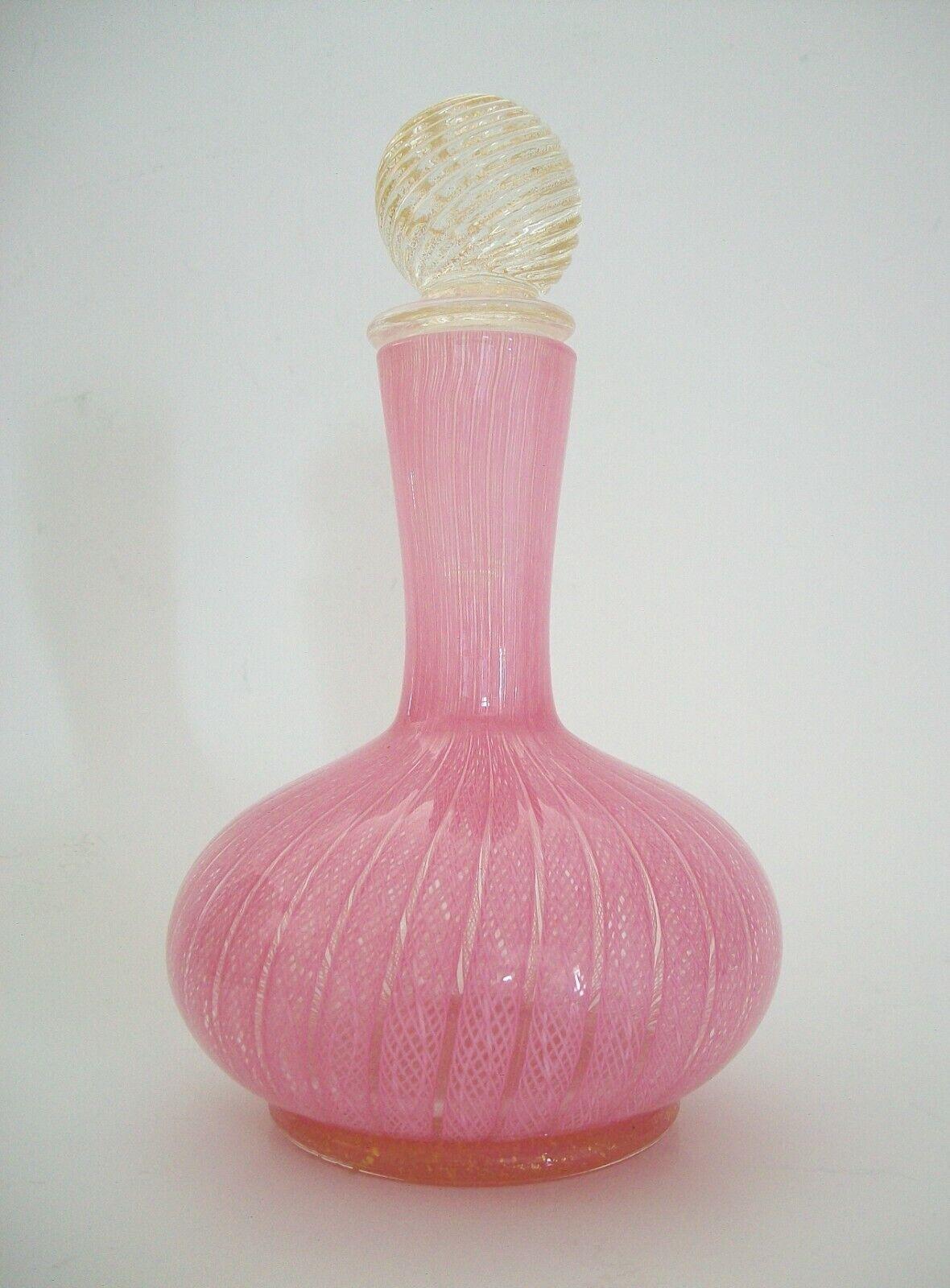 Mid-Century Modern Murano Glass Pink Latticino & Gold Aventurine Perfume Bottle, Italy, C.1970's