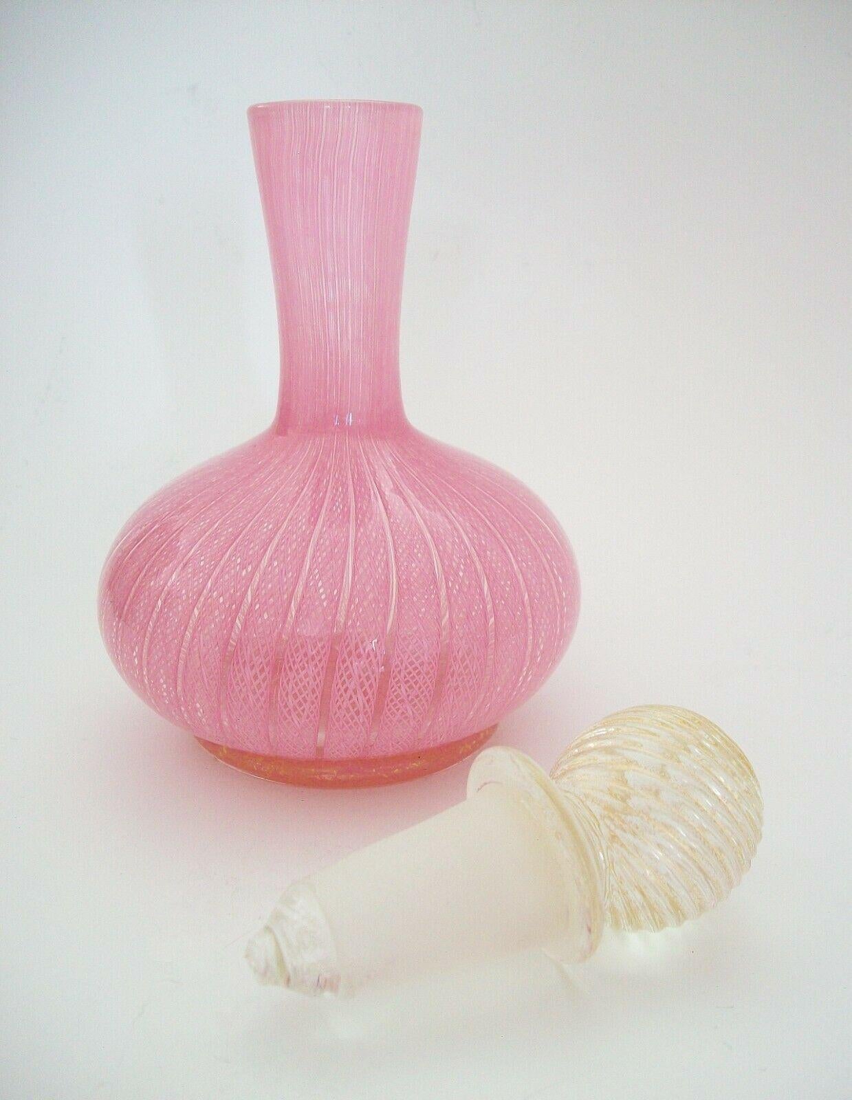 Art Glass Murano Glass Pink Latticino & Gold Aventurine Perfume Bottle, Italy, C.1970's