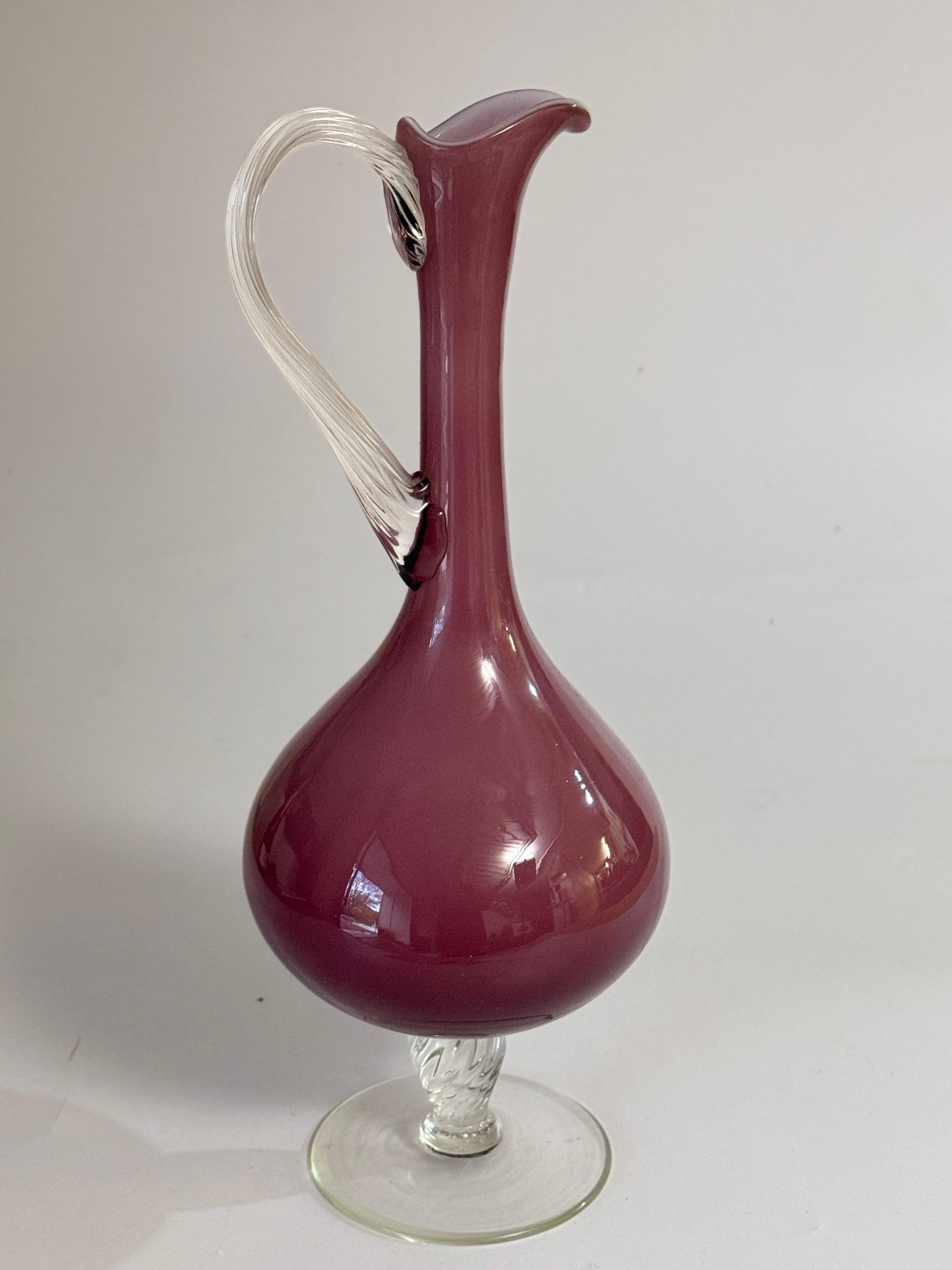 Murano Glass  Pitcher with handle Twisted Glass Handle Purple  Color Italy 20th.