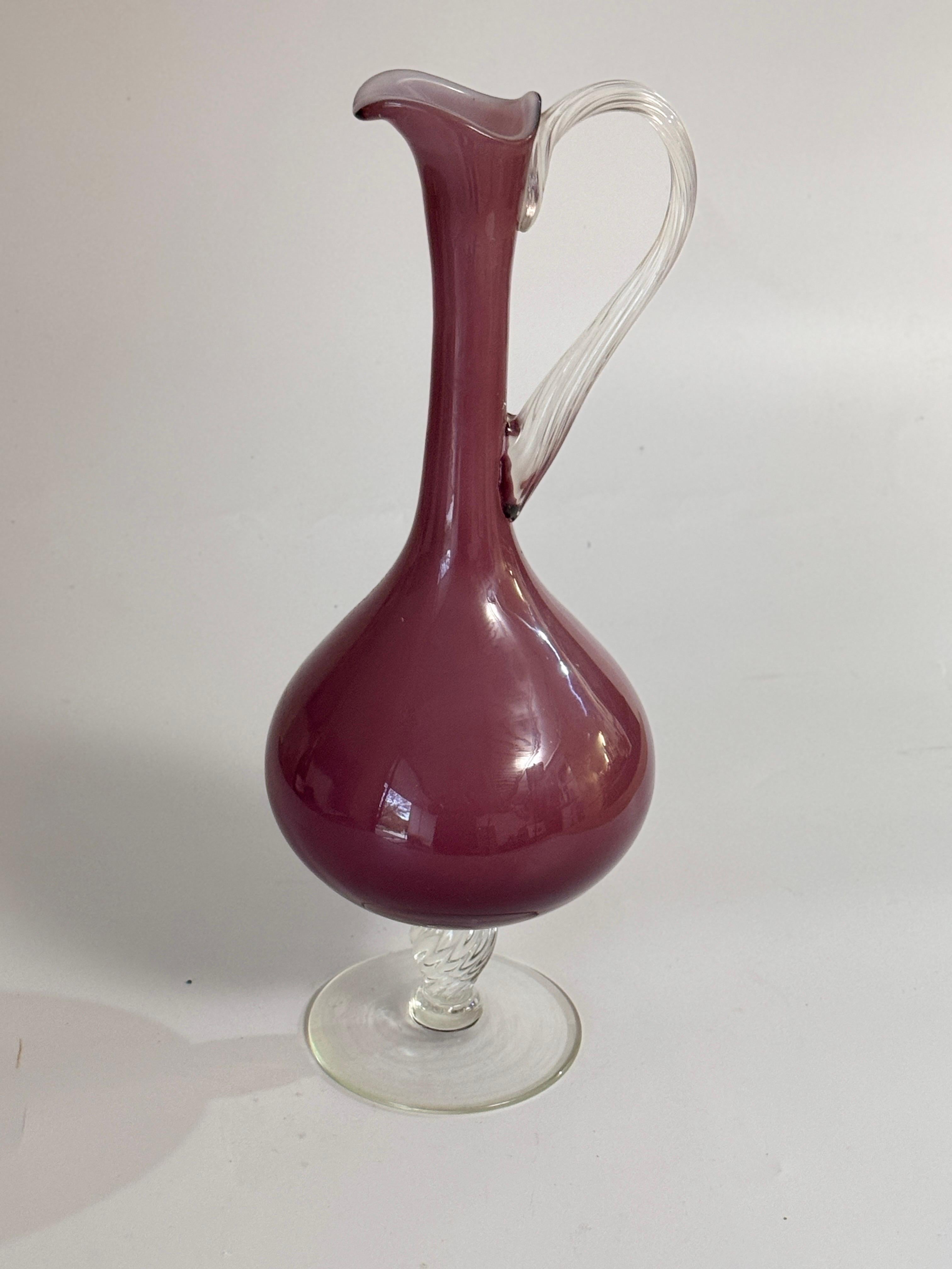 Mid-Century Modern Murano Glass  Pitcher with handle Twisted Glass Handle Purple  Color Italy 20th For Sale