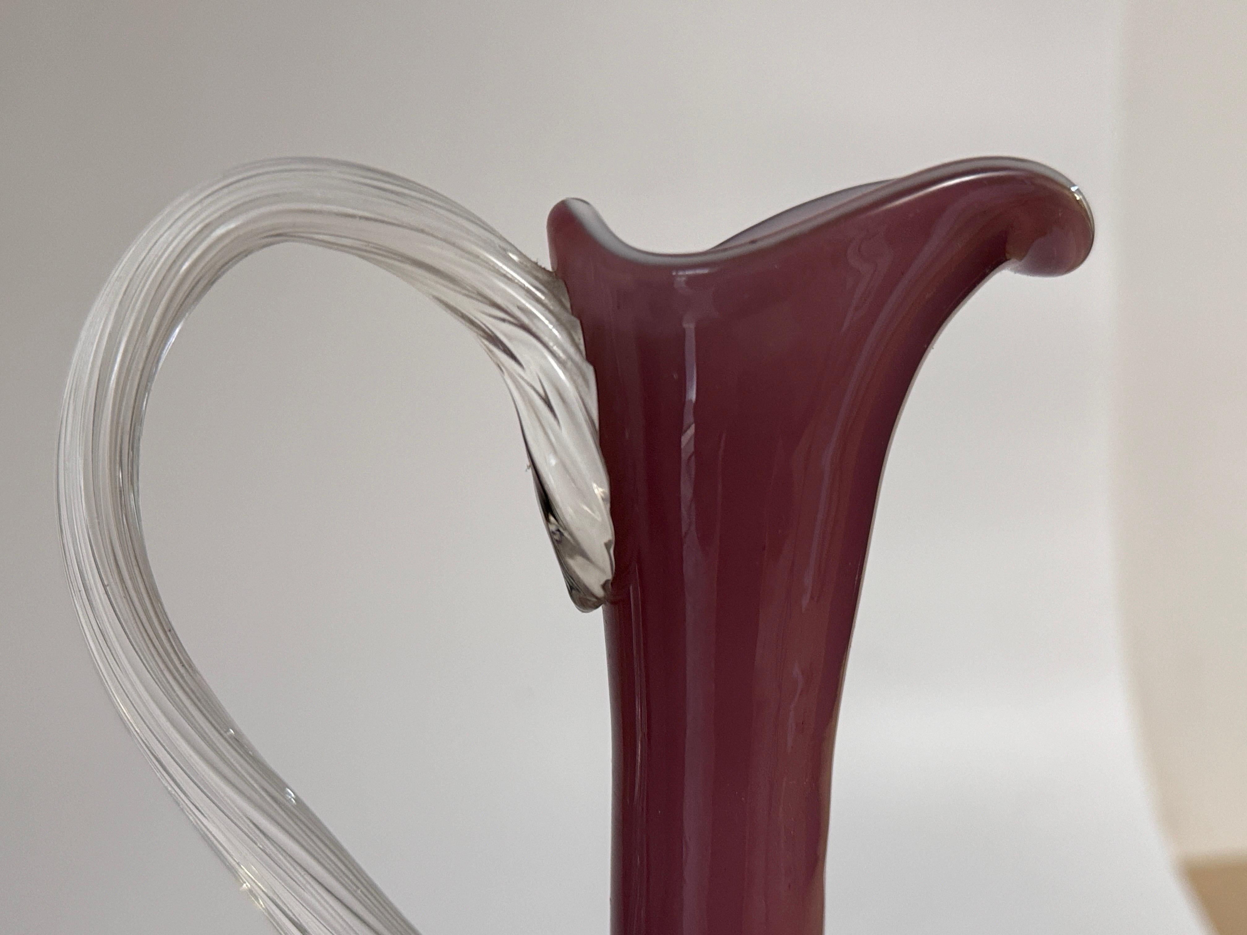 Mid-20th Century Murano Glass  Pitcher with handle Twisted Glass Handle Purple  Color Italy 20th For Sale