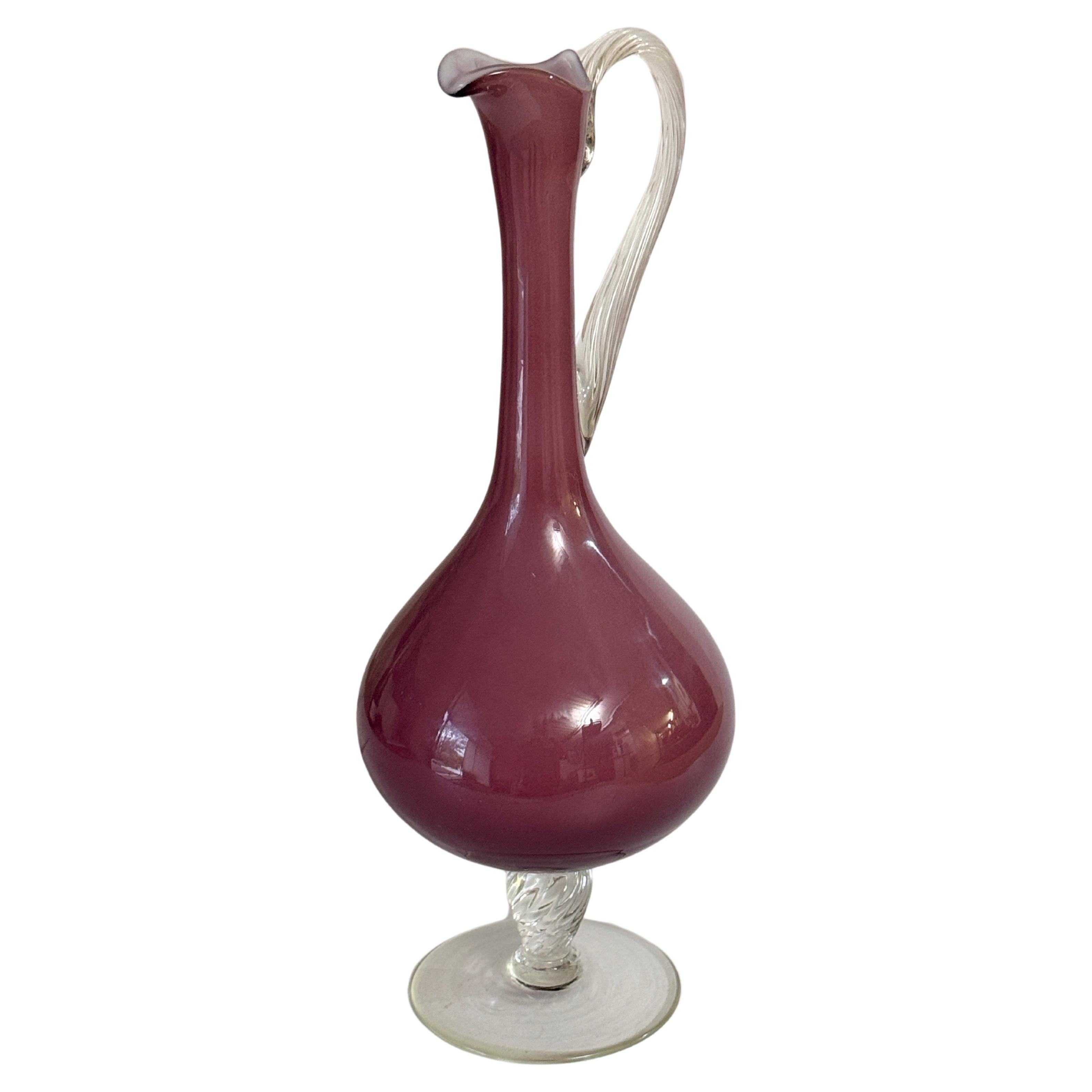 Murano Glass  Pitcher with handle Twisted Glass Handle Purple  Color Italy 20th For Sale