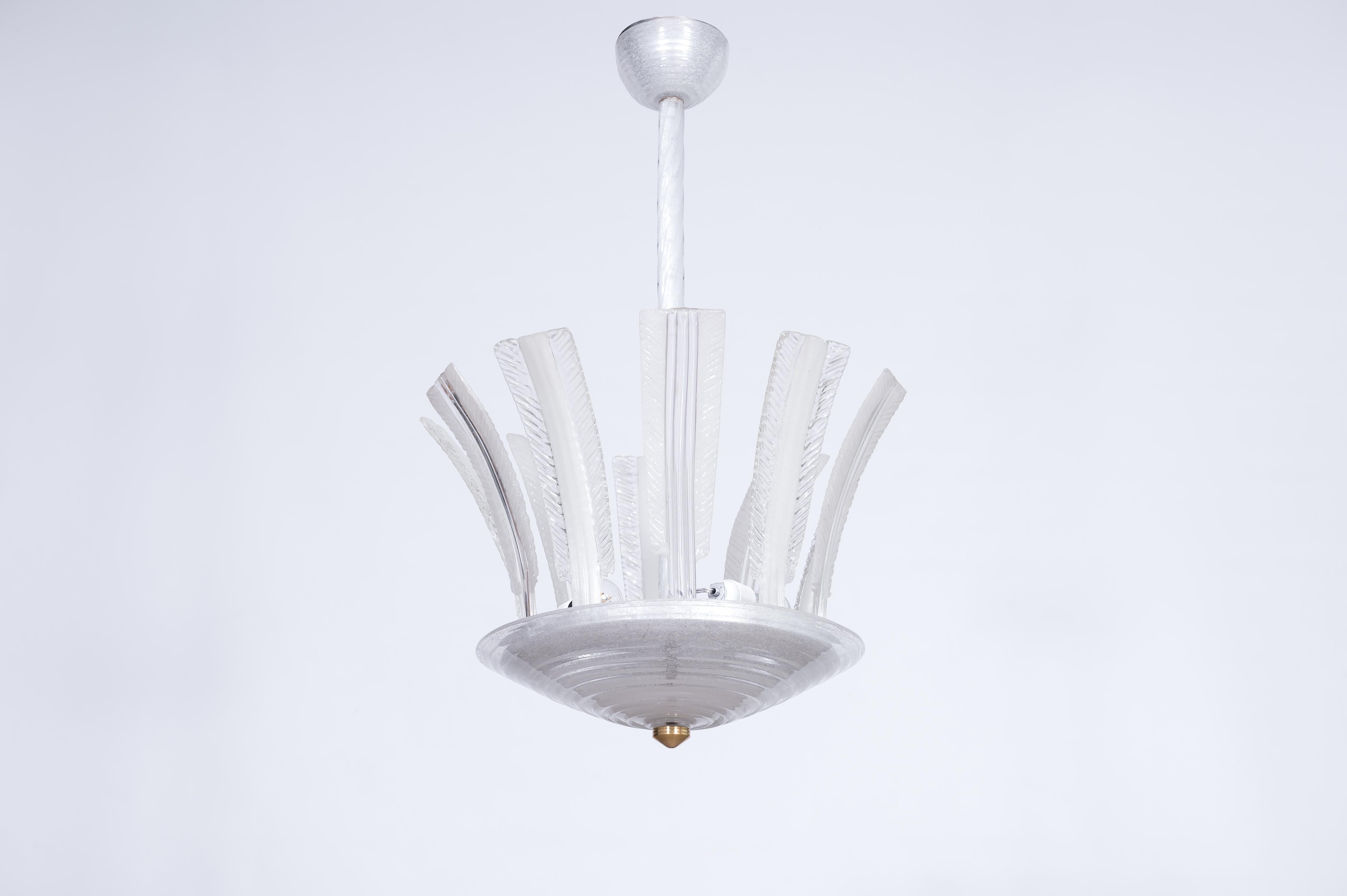 Mid-Century Modern Murano Glass Puligoso Chandelier with Palm Leaves attributed Barovier 1950s For Sale