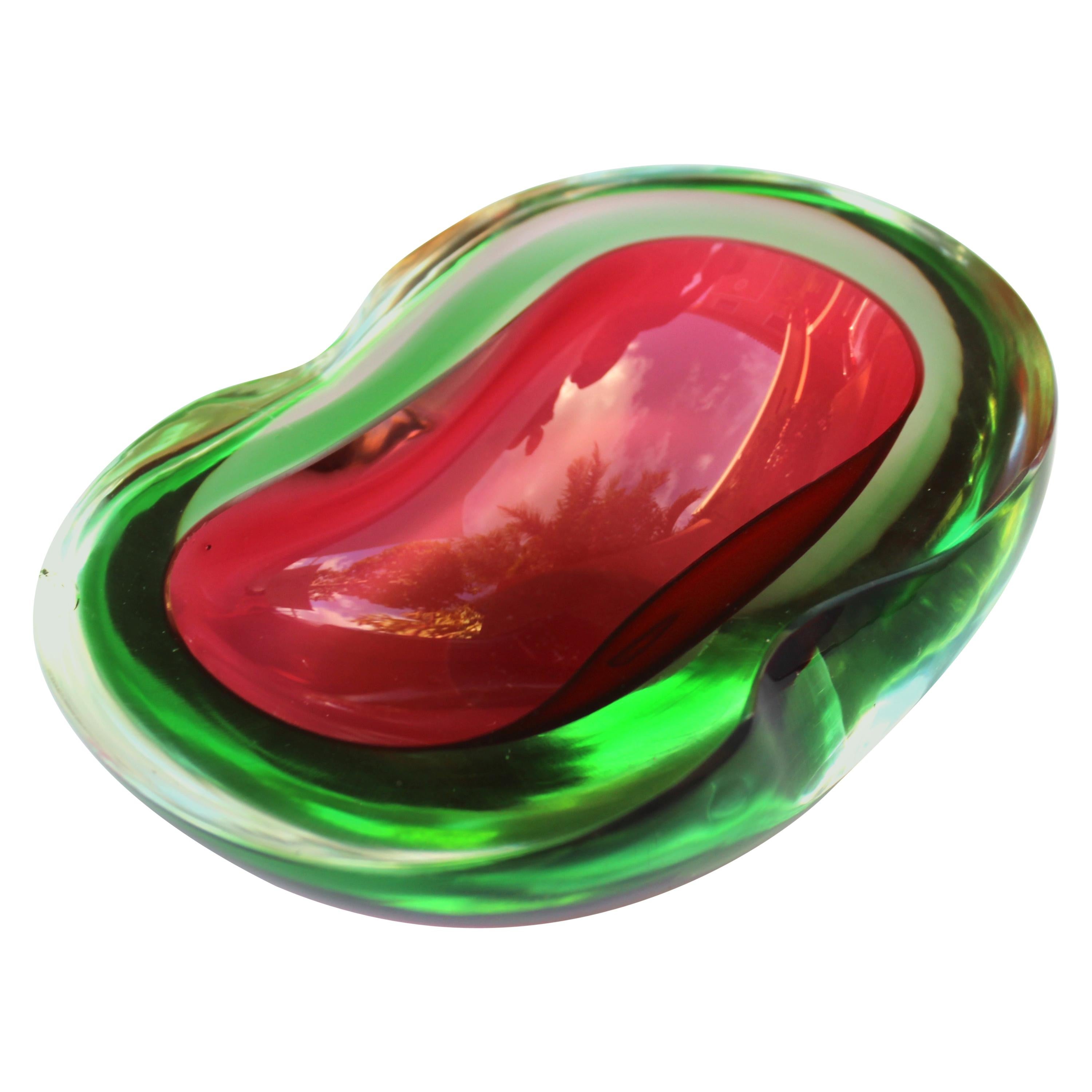 Murano Glass Red and Green Sommerso Ashtray and Bowl, 1960s