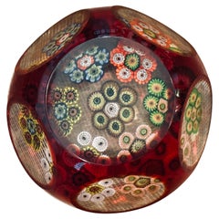 Murano Glass Red Overlay Faceted Millefiori Paper Weight