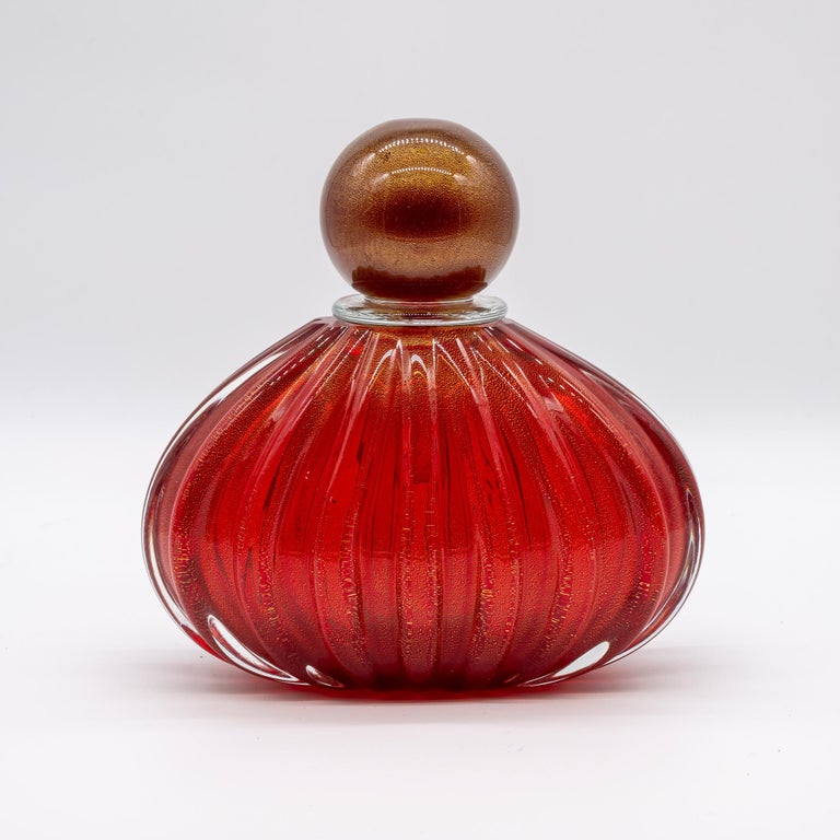 Murano Glass Red Parfum Bottle Vase, Made in Italy, Mouth Blow, Recent