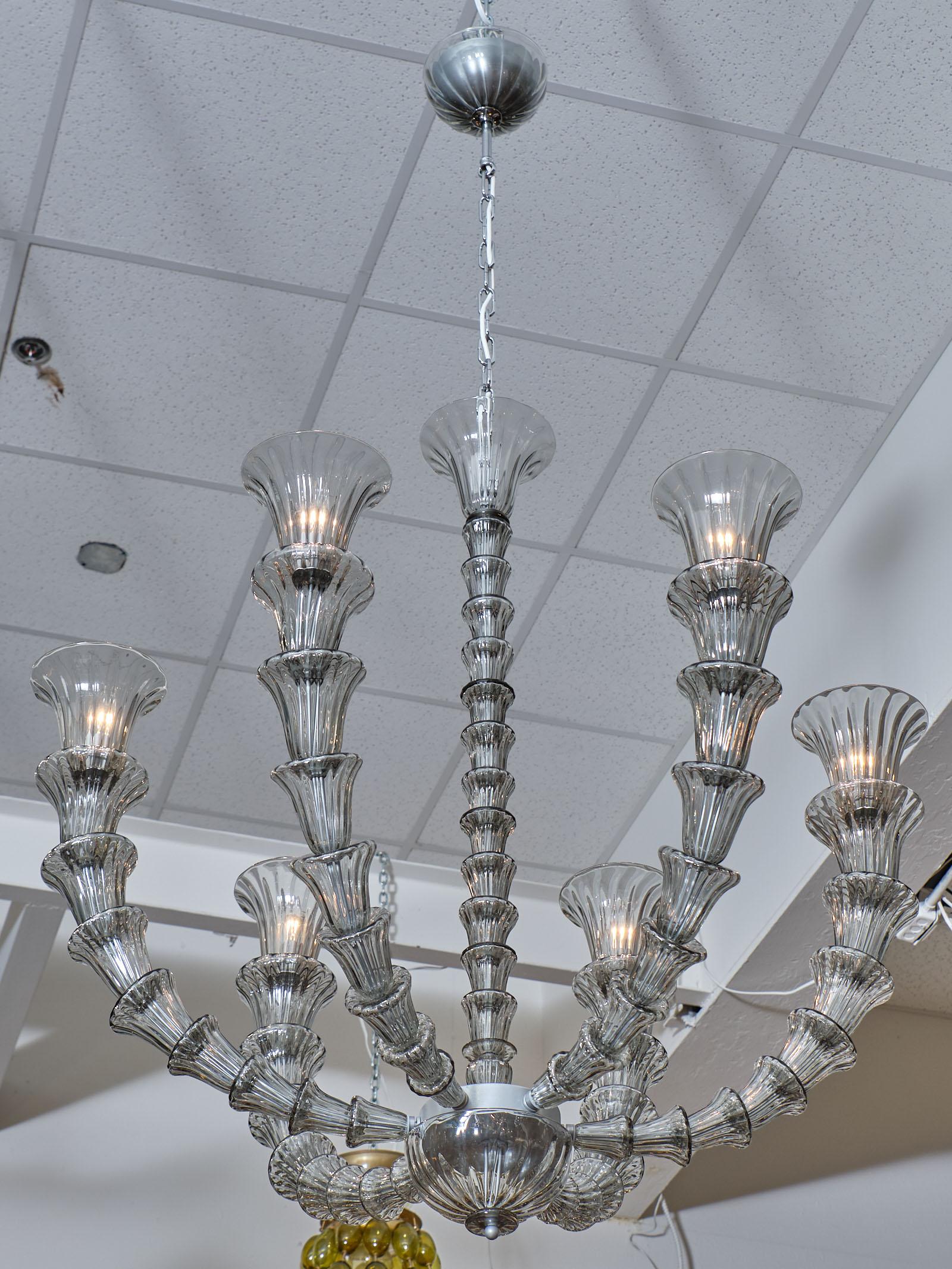 Murano Glass Rezzonico chandelier in the manner of René Lalique. The beautiful hand blown glass is in a striking gray color and has been newly wired to fit US standards. The current height from the ceiling is 64