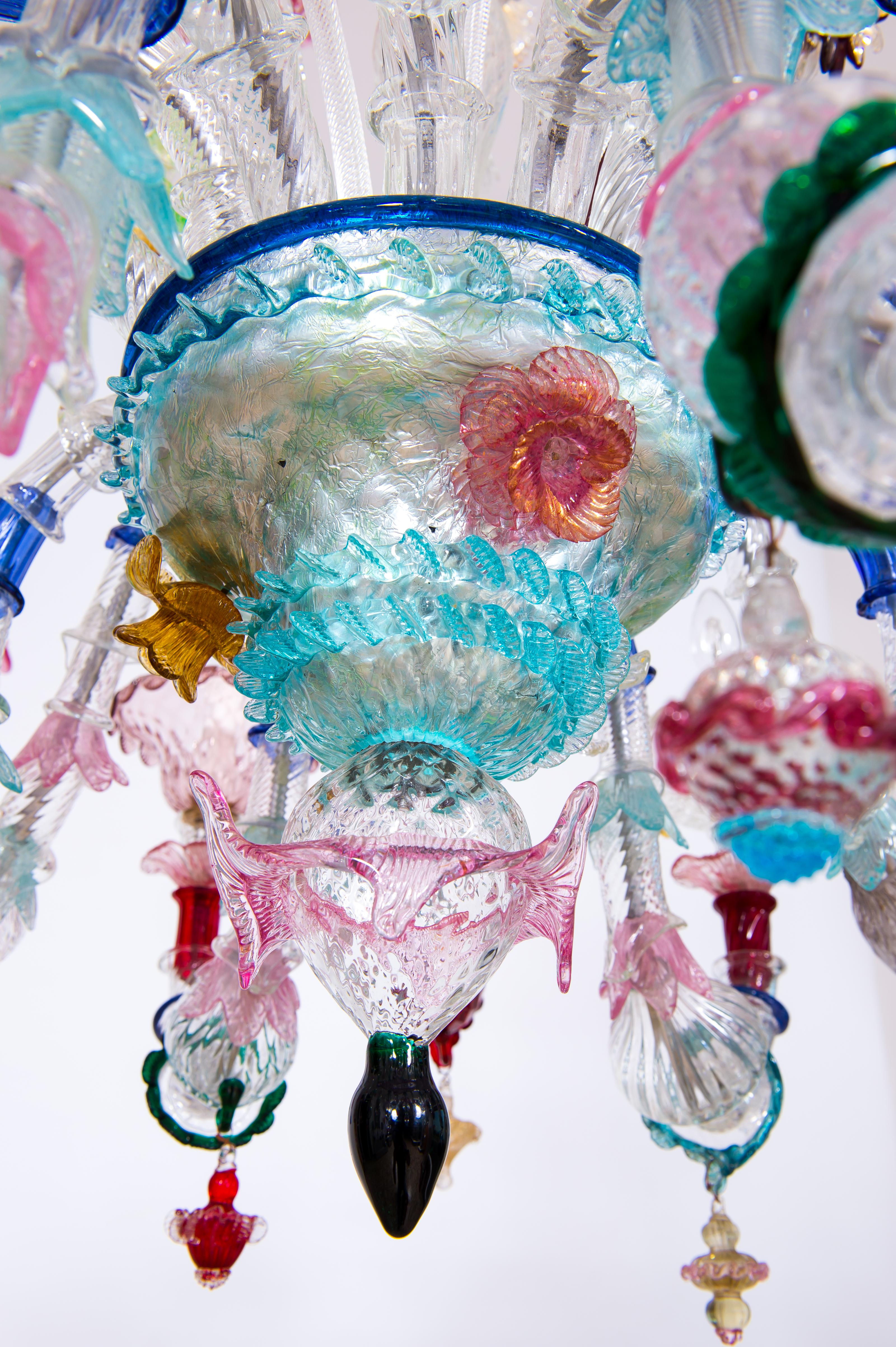 Murano Glass Rezzonico Chandelier Multicolored Flowers 16 Lights Late 20th Italy For Sale 3