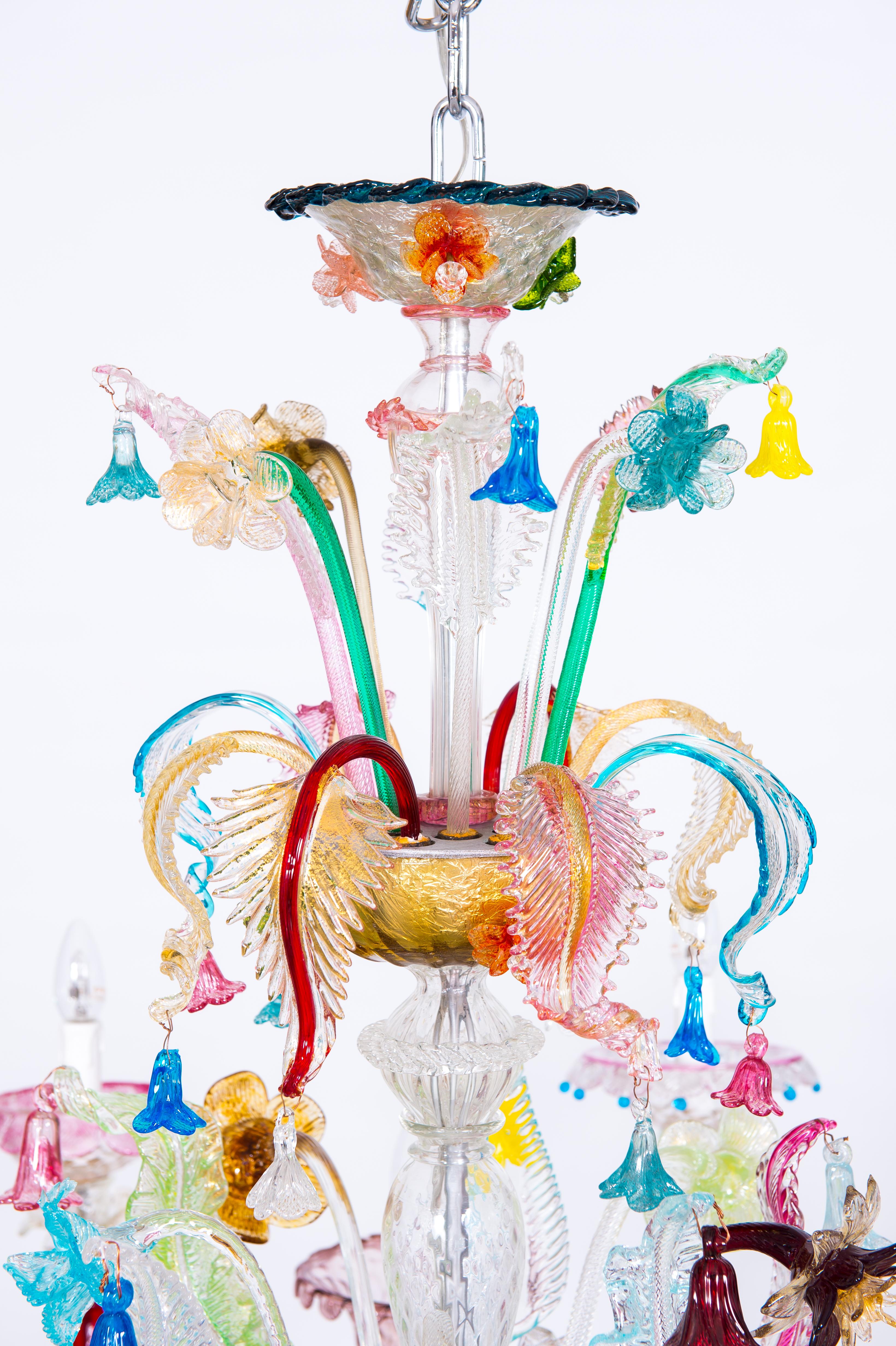 Lámpara de Cristal de Murano Rezzonico Flores Multicolores 16 Luces Finales del Siglo XX Italia 5