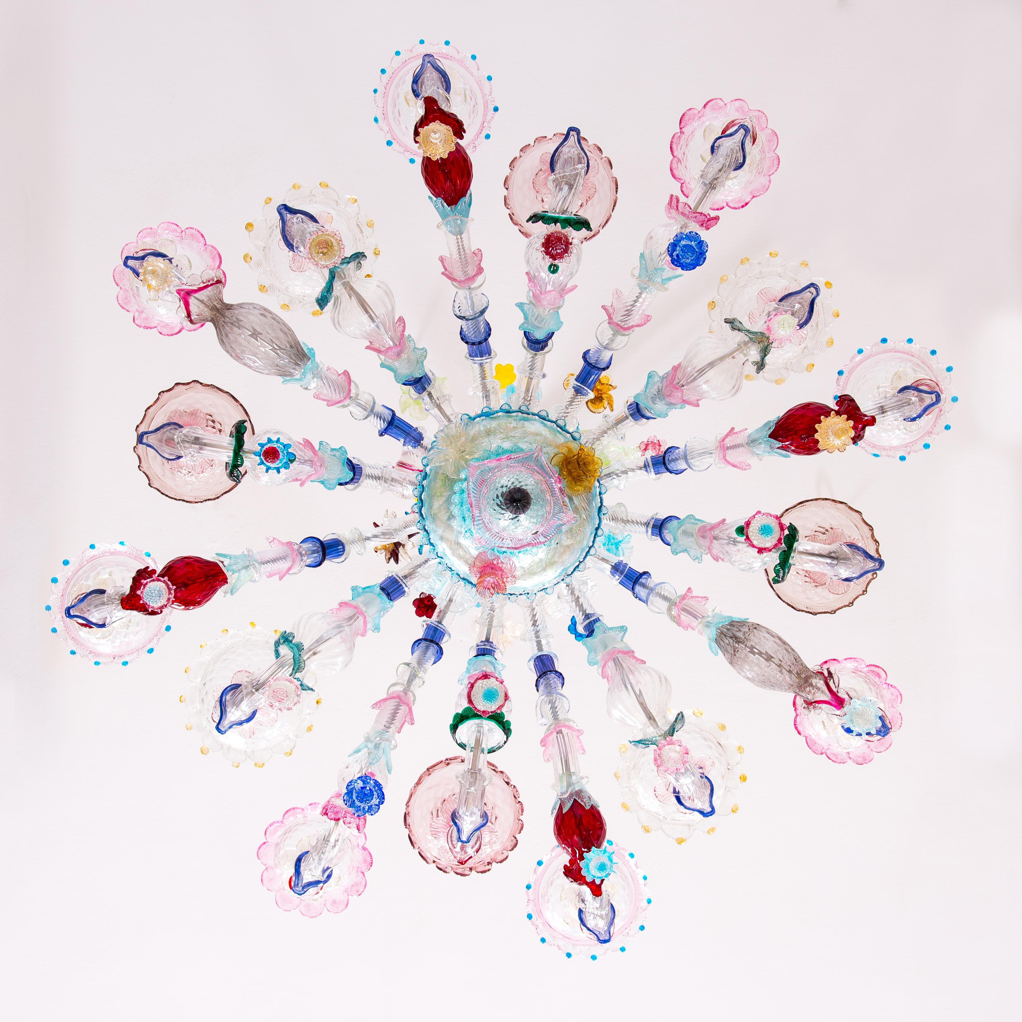 Murano Glass Rezzonico Chandelier Multicolored Flowers 16 Lights Late 20th Italy For Sale 10