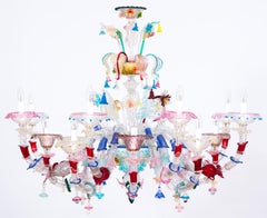 Murano Glass Rezzonico Chandelier Multicolored Flowers 16 Lights Late 20th Italy