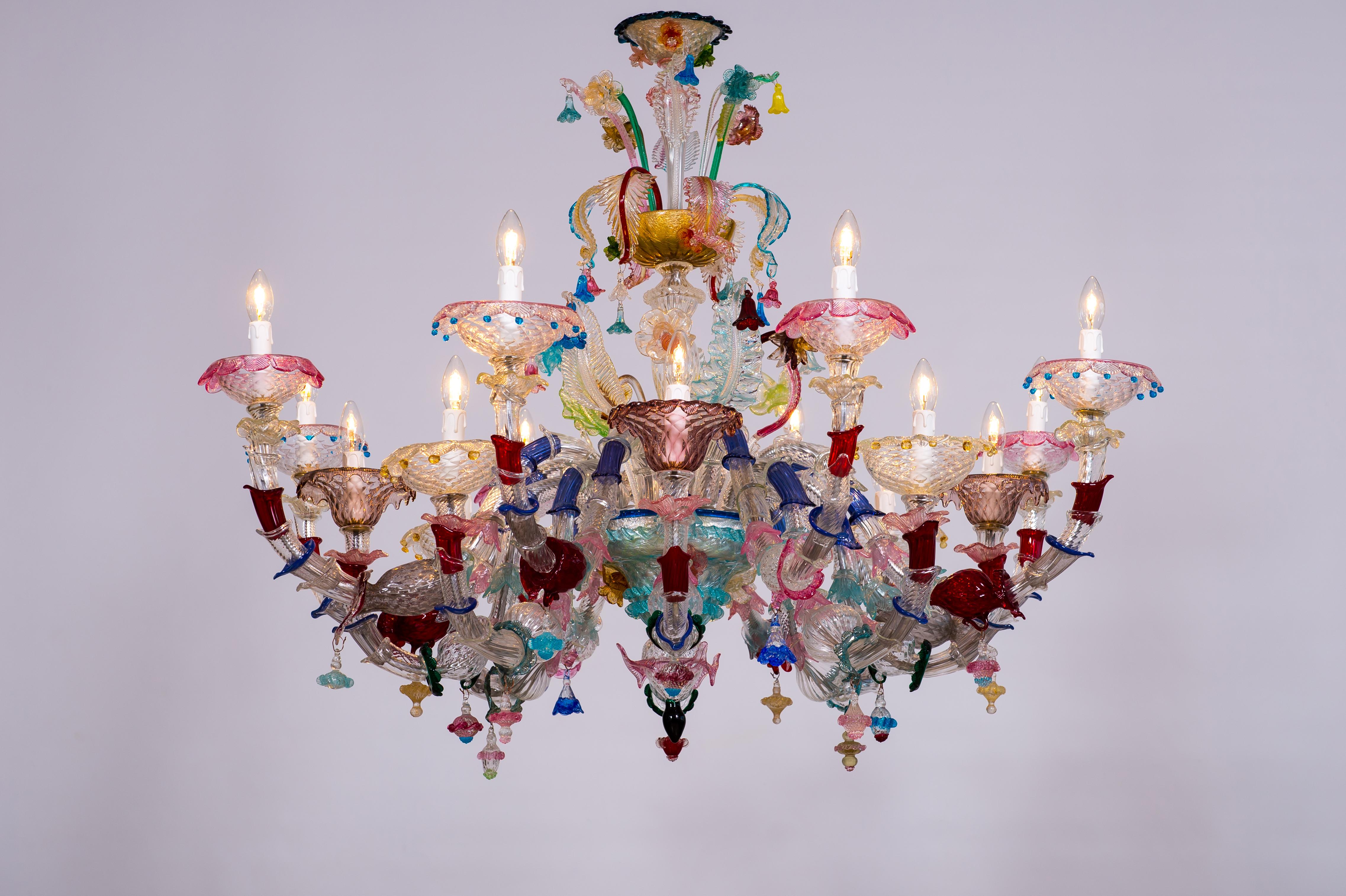 Murano Glass Rezzonico Chandelier Multicolored Flowers 16 Lights Late 20th Italy For Sale 12