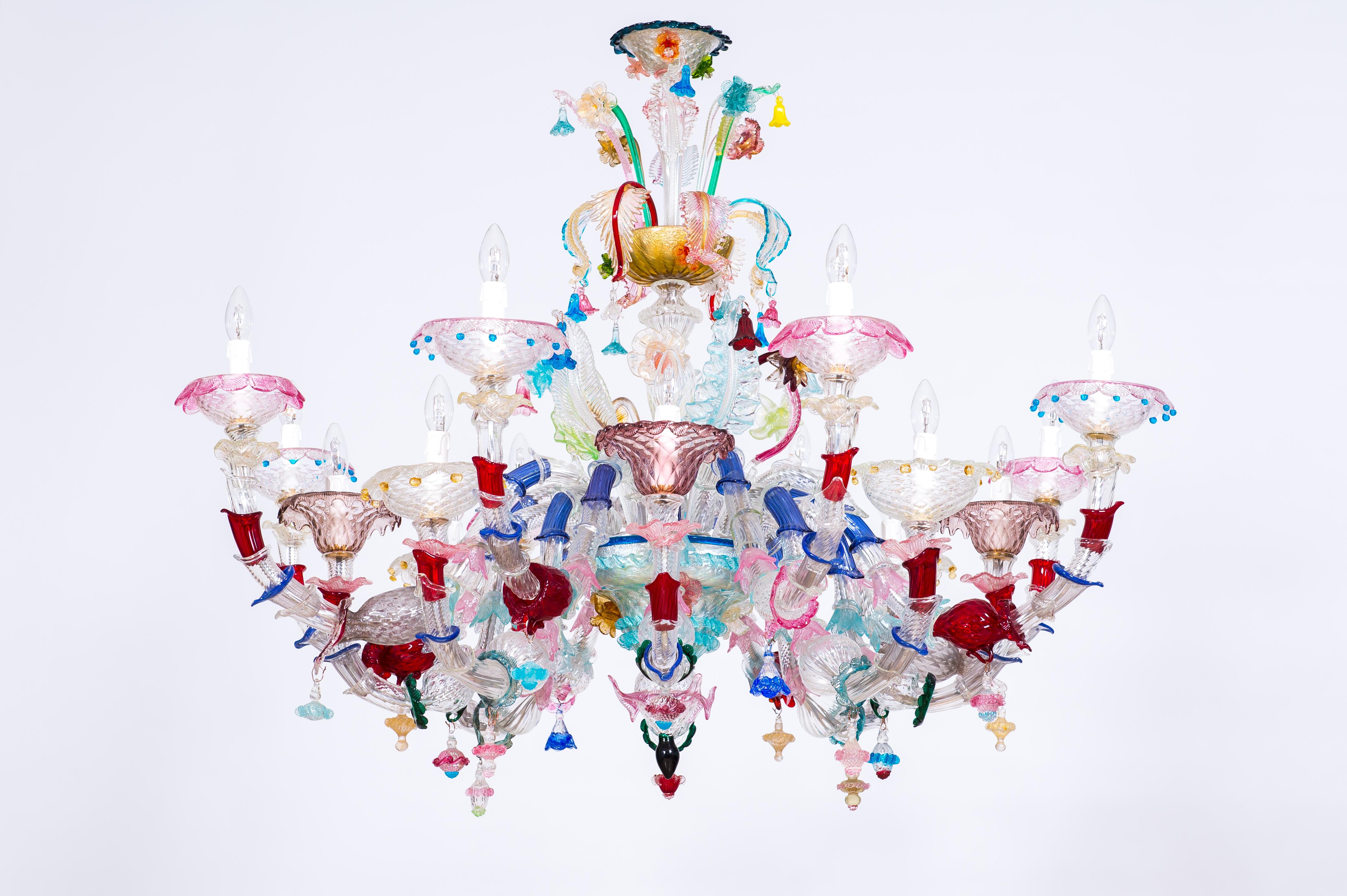 Mid-Century Modern Murano Glass Rezzonico Chandelier Multicolored Flowers 16 Lights Late 20th Italy For Sale